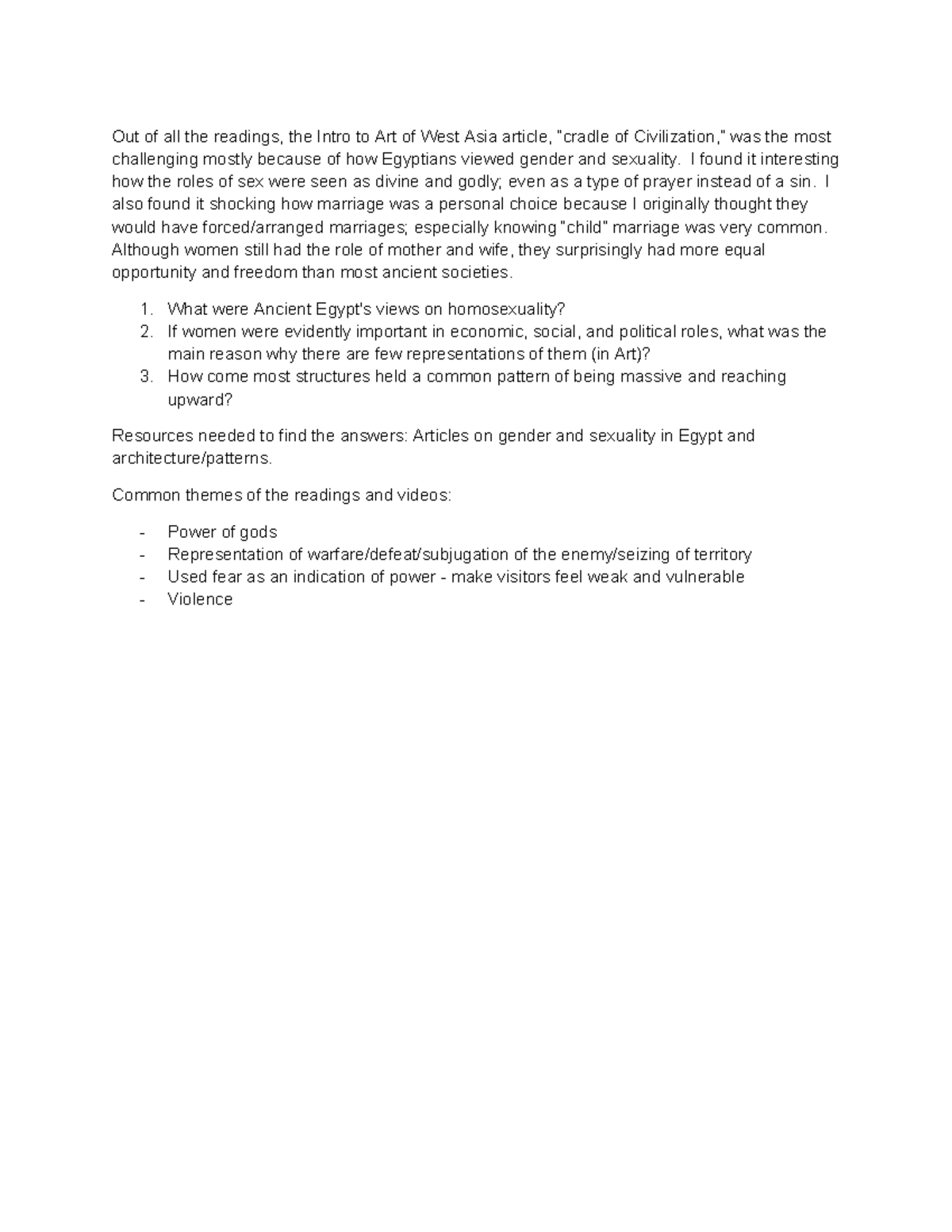 West Asia Reading Response Out of all the readings, the Intro to Art