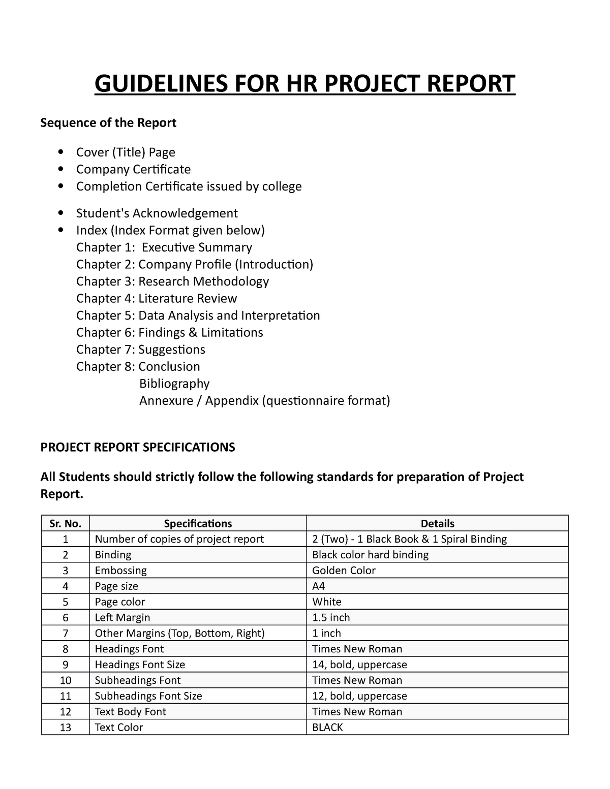 Guidelines FOR Project Report GUIDELINES FOR HR PROJECT REPORT 