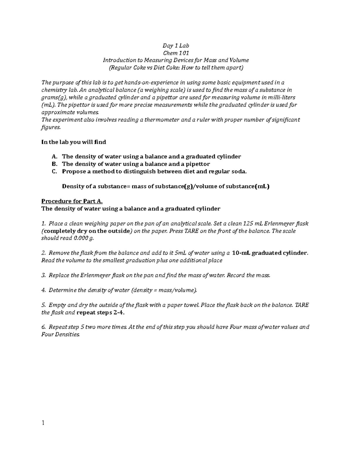 C101L-20-Day 1 Lab - Lab 1 - Day 1 Lab Chem 101 Introduction to ...