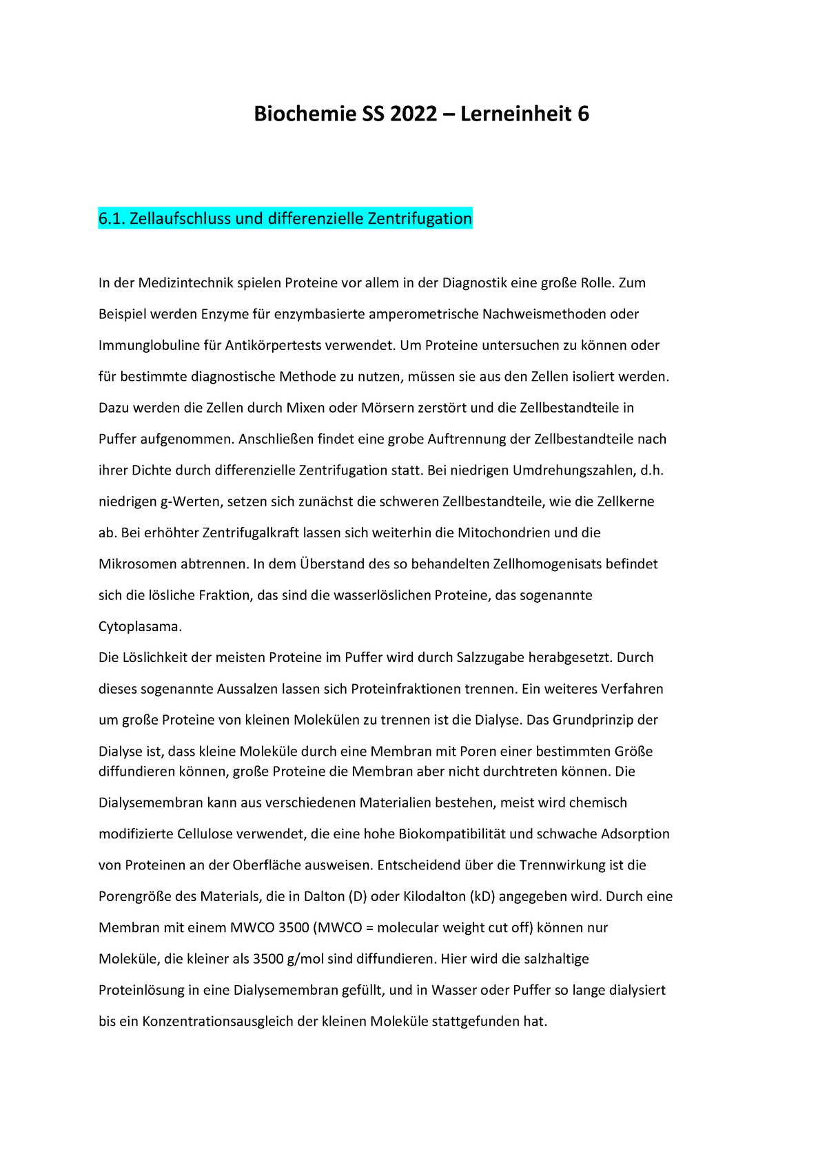 Biochemie Vorlesung Zusammenfassung Biochemie Ss Lerneinheit Zellaufschluss Und