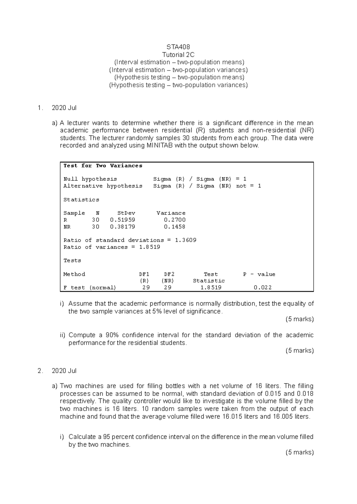 Tutorial 2c (two-population - CI, hypo) - STA Tutorial 2C (Interval ...