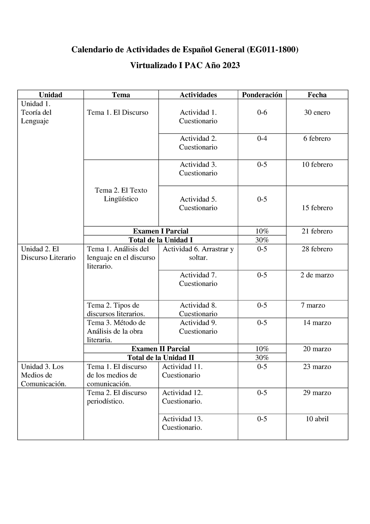 Calendario De Actividades EG011-1800 - Calendario De Actividades De ...