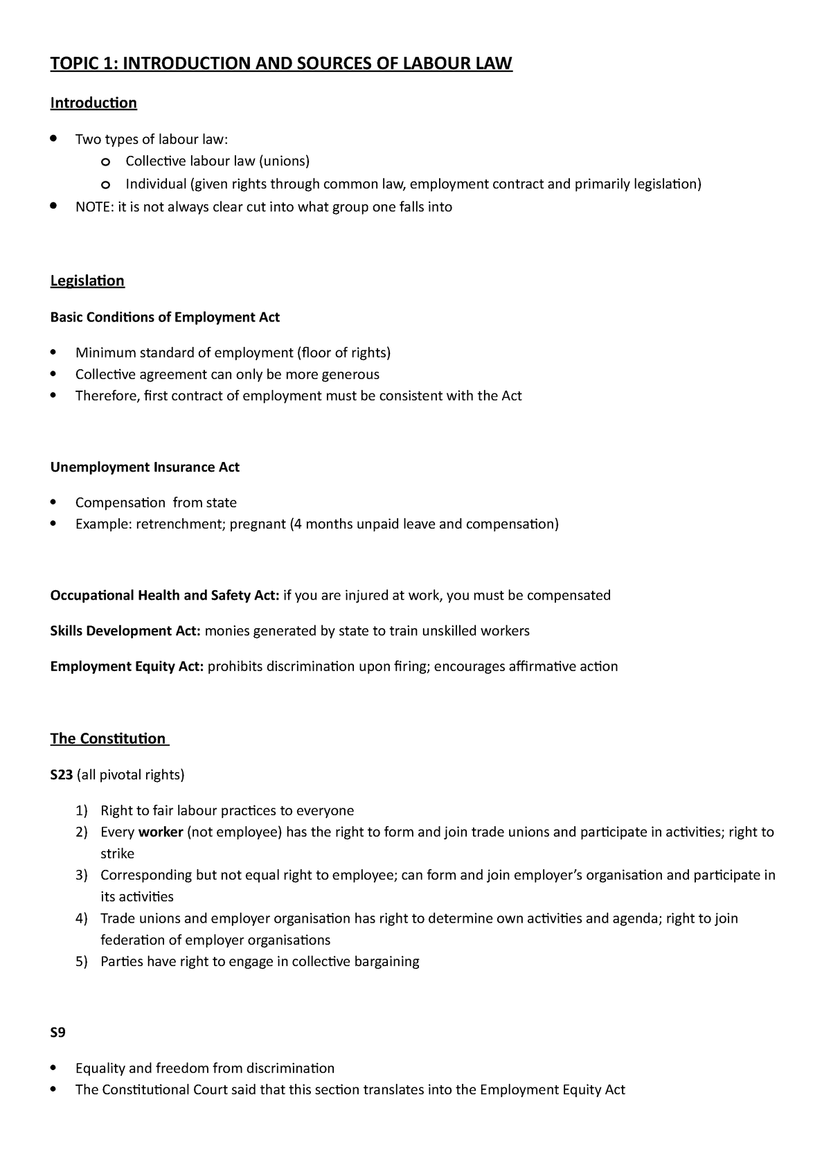 Labour Law Notes With Summary Of Key Notes TOPIC 1 INTRODUCTION AND SOURCES OF LABOUR LAW 