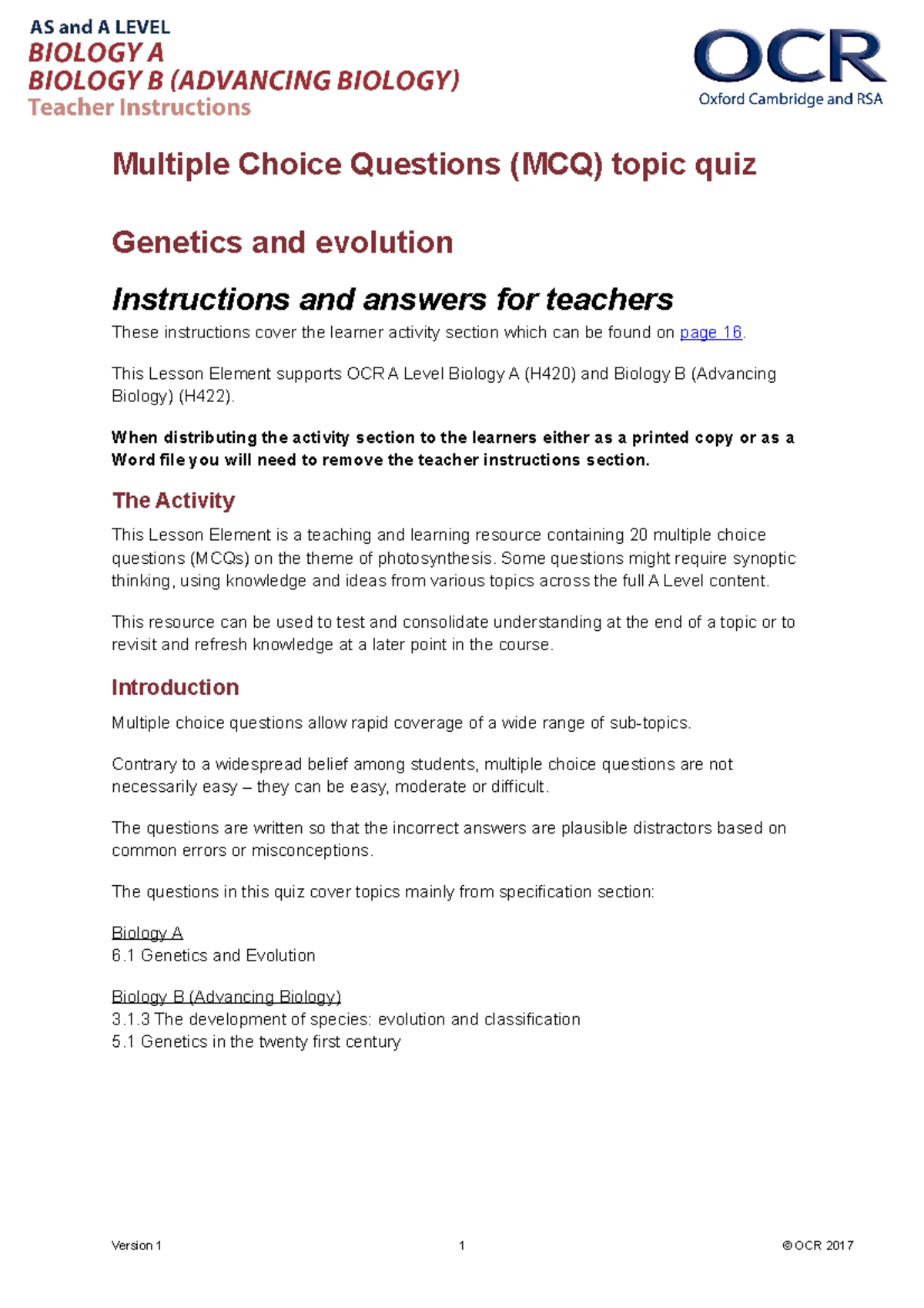 Genetics And Evolution - Multiple Choice Questions (MCQ) Topic Quiz ...