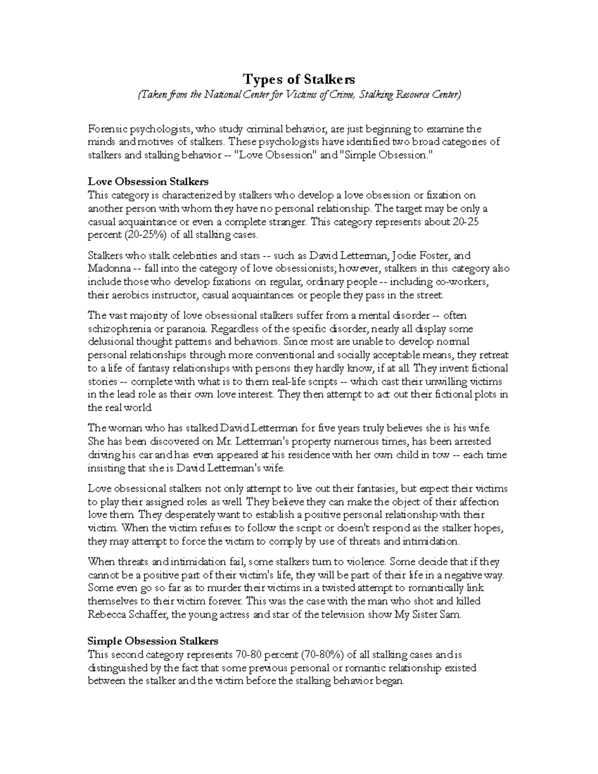 Stalking-types - Yeah stalking - Types of Stalkers (Taken from the ...