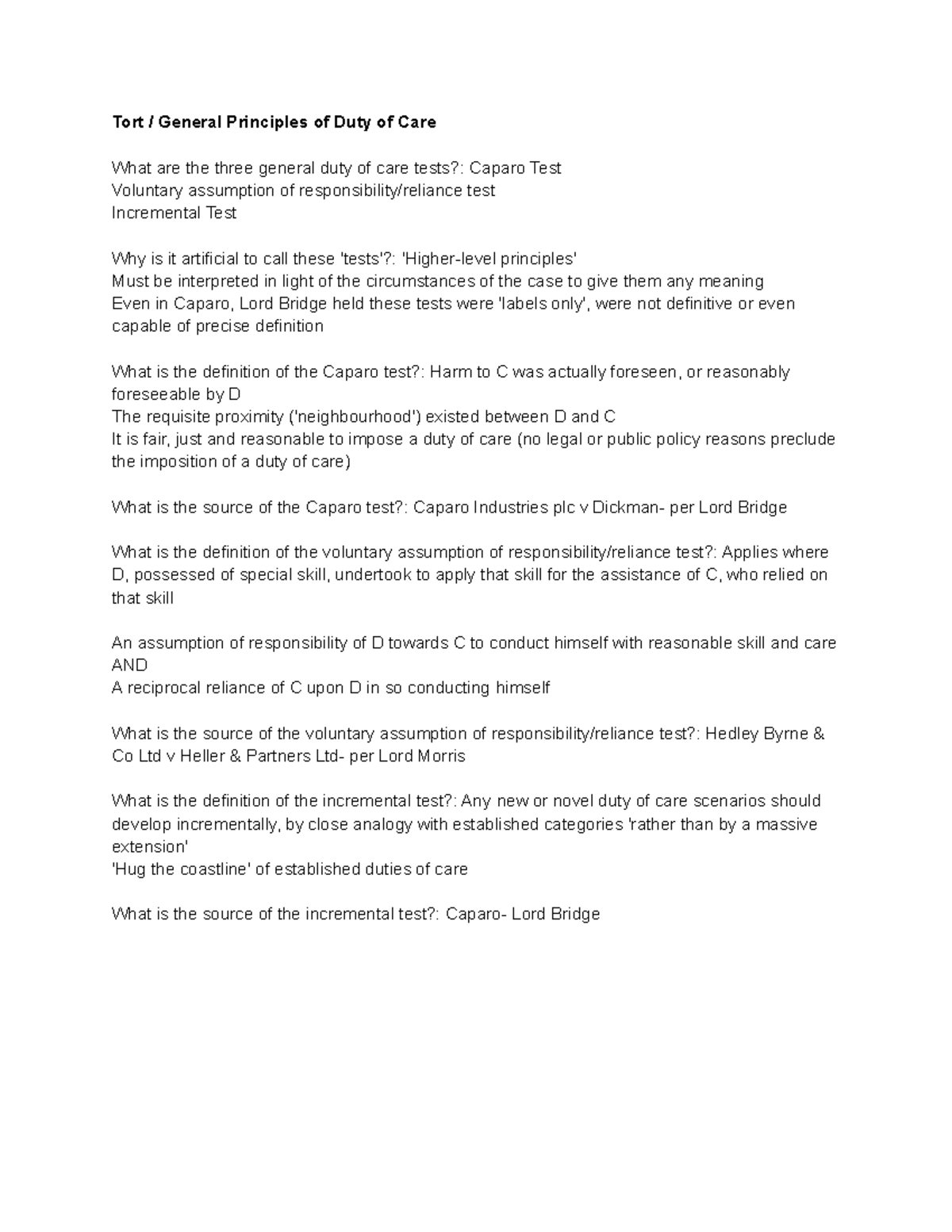 Tort General Principles of Duty of Care - Studocu