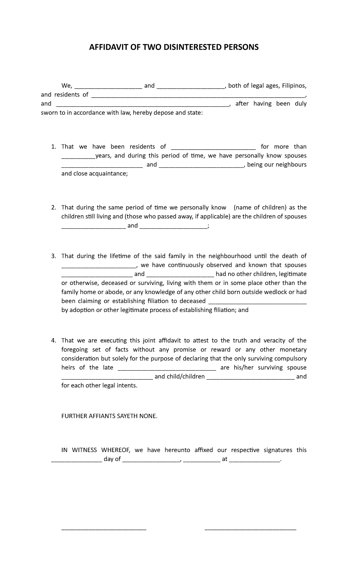 Joint Affidavit Of Two Disinterested Persons AFFIDAVIT OF TWO 