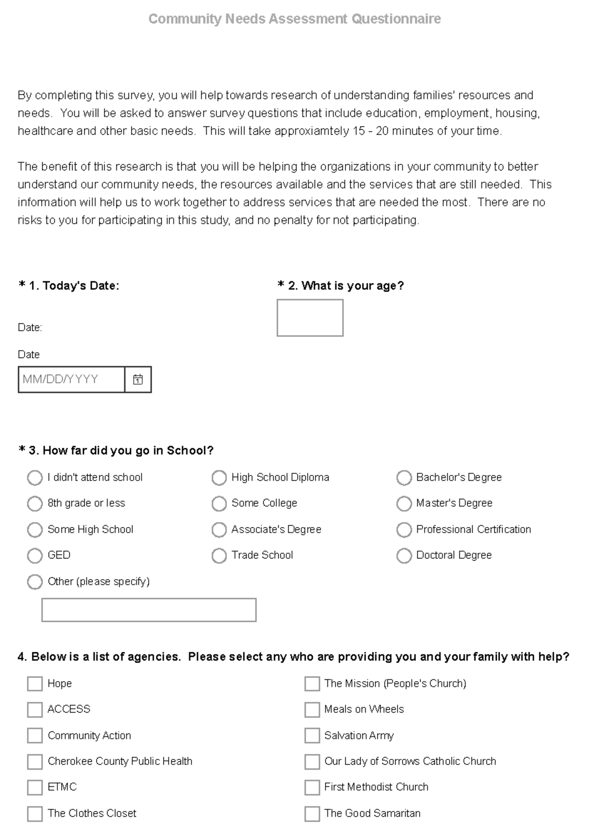 Community Needs Assessment Questionnaire Survey - By completing this ...