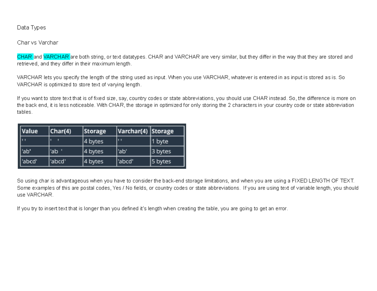 SQL Boot Camp Notes Modules 10 - 12 - Data Types Char vs Varchar CHAR ...