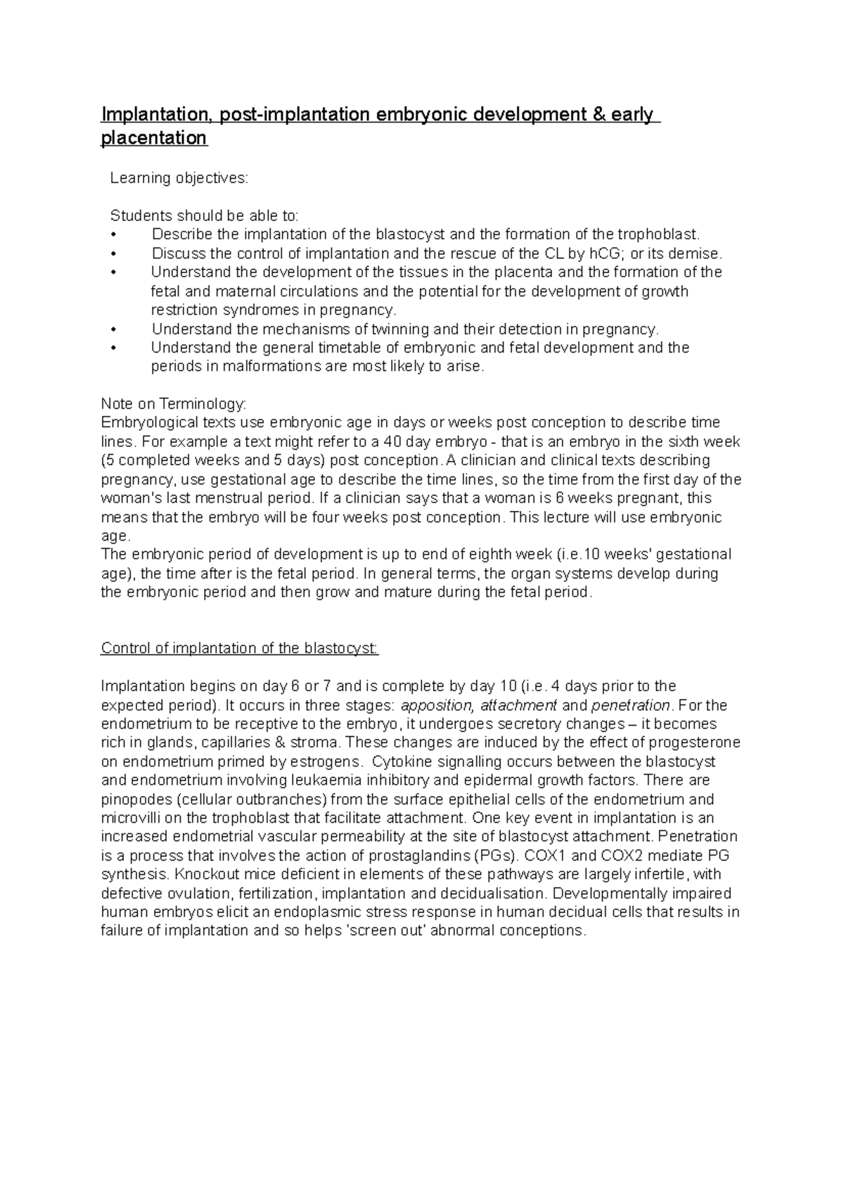 Lecture notes Sep 2022 - .......... - Implantation, post-implantation ...