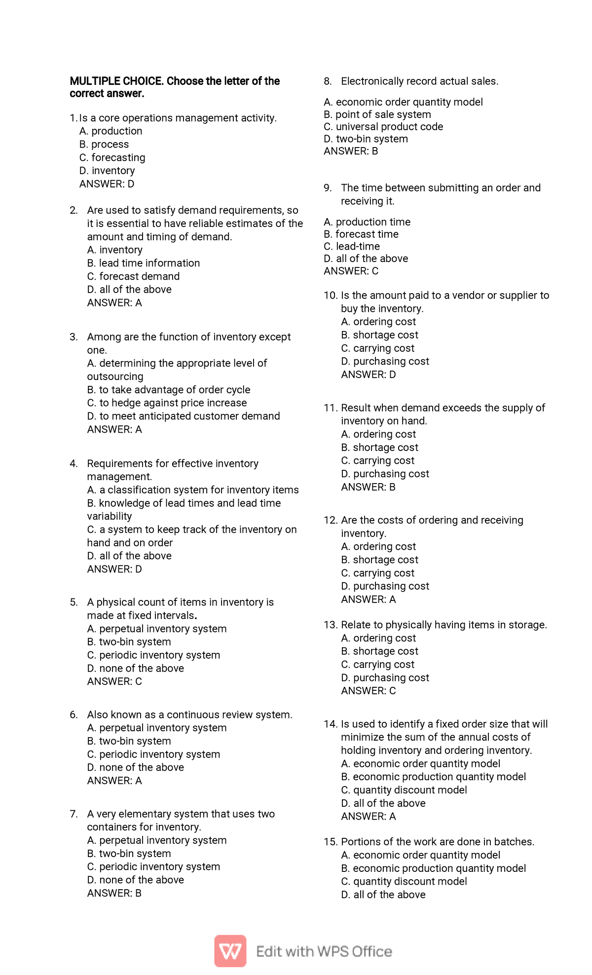 OM and COST ACC reviewer - MULTIPLE CHOICE. Choose the letter of the ...