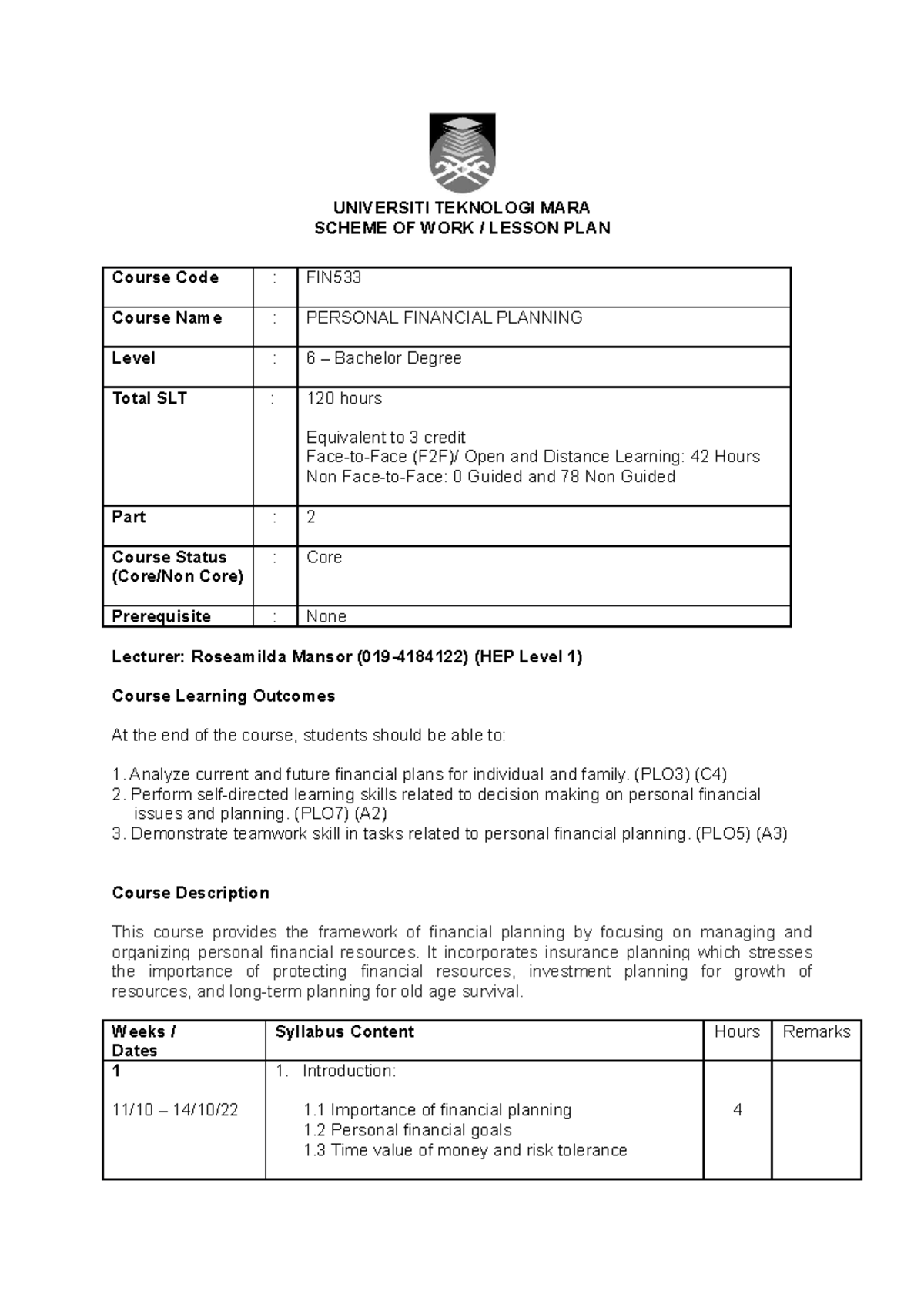 FIN533 Lesson PLAN OCT 2022 TO FEB 2023 - UNIVERSITI TEKNOLOGI MARA ...