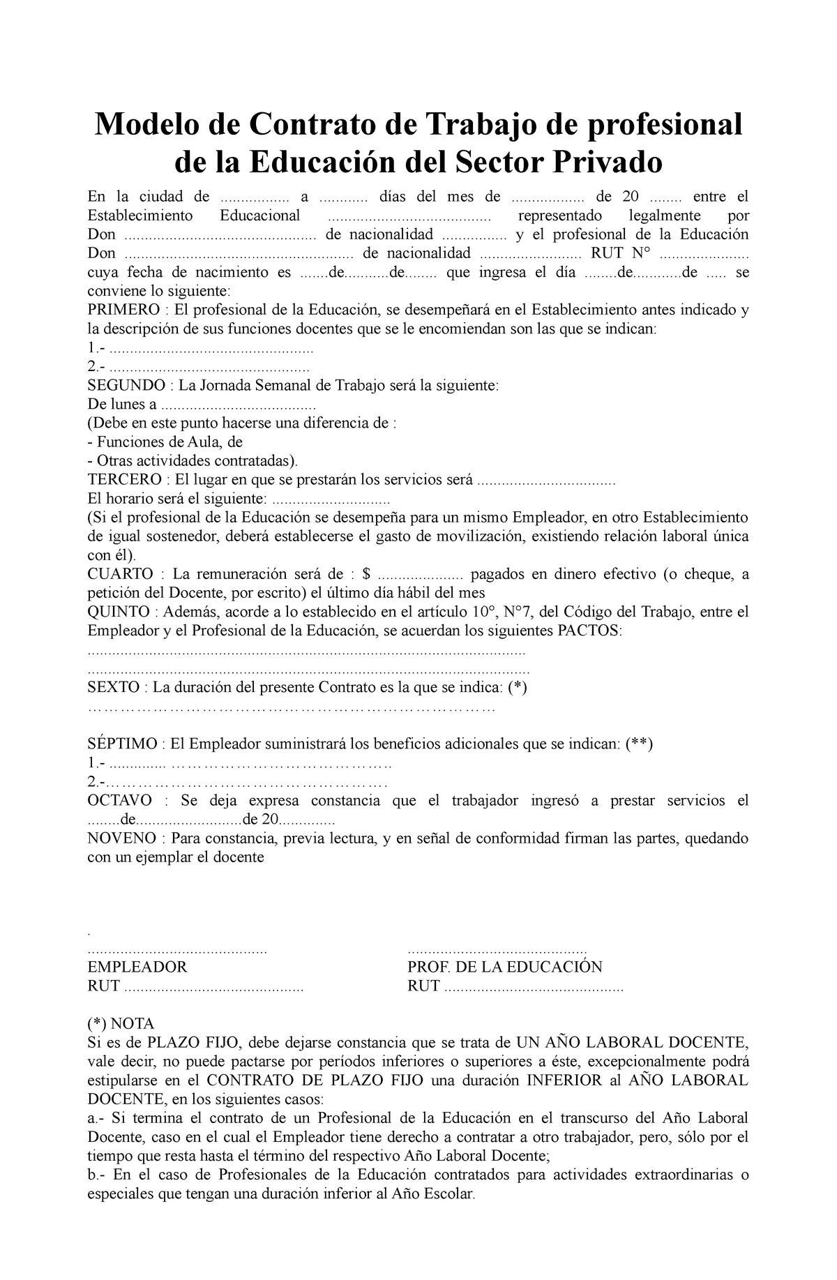 Contrato De Trabajo Docente Sector Privado Modelo De Contrato De Trabajo De Profesional De La 5065