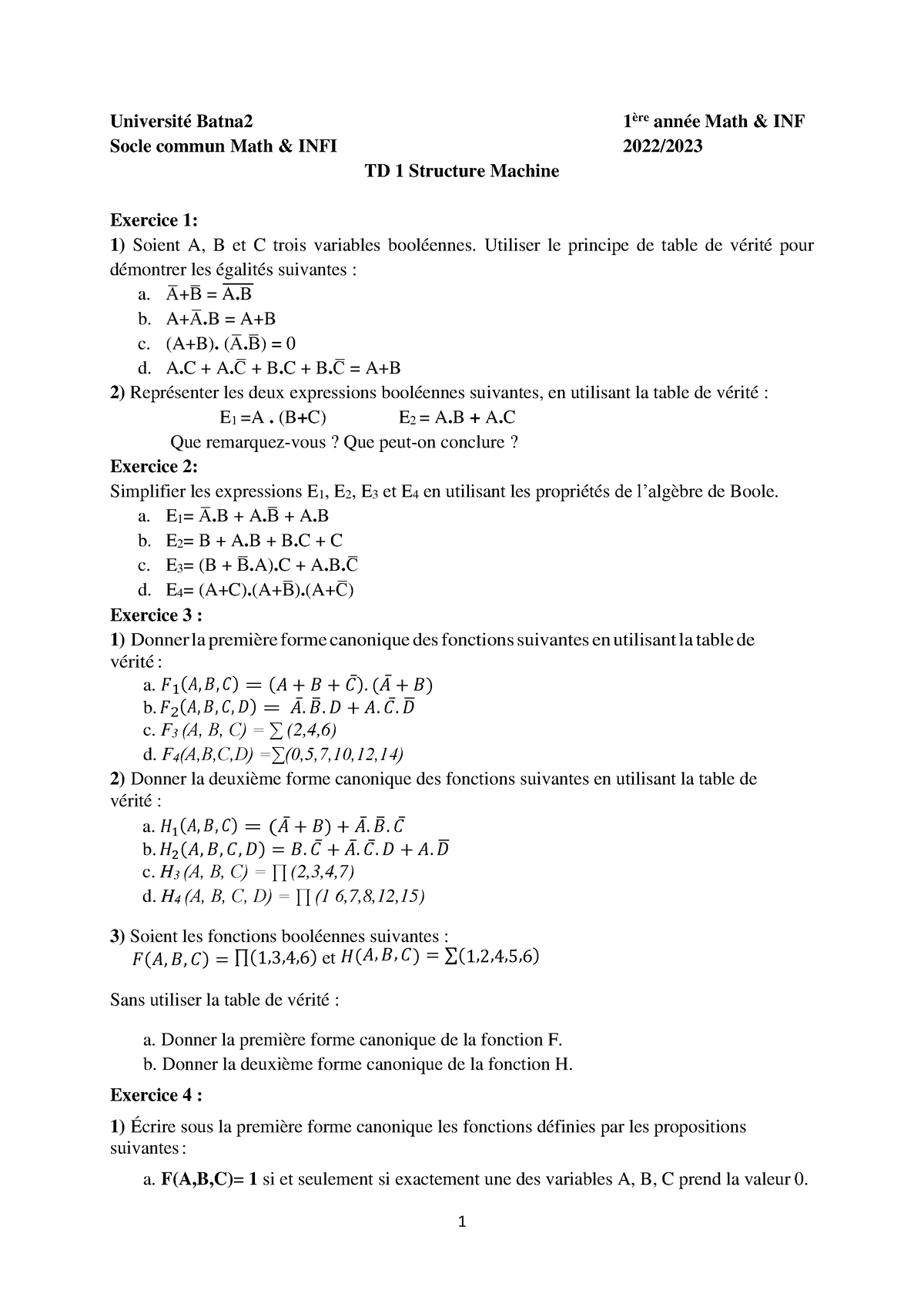 Td 1 Sm2 2022-2023 - TD 1 Structure Machine - 1 Université Batna2 1 ère ...
