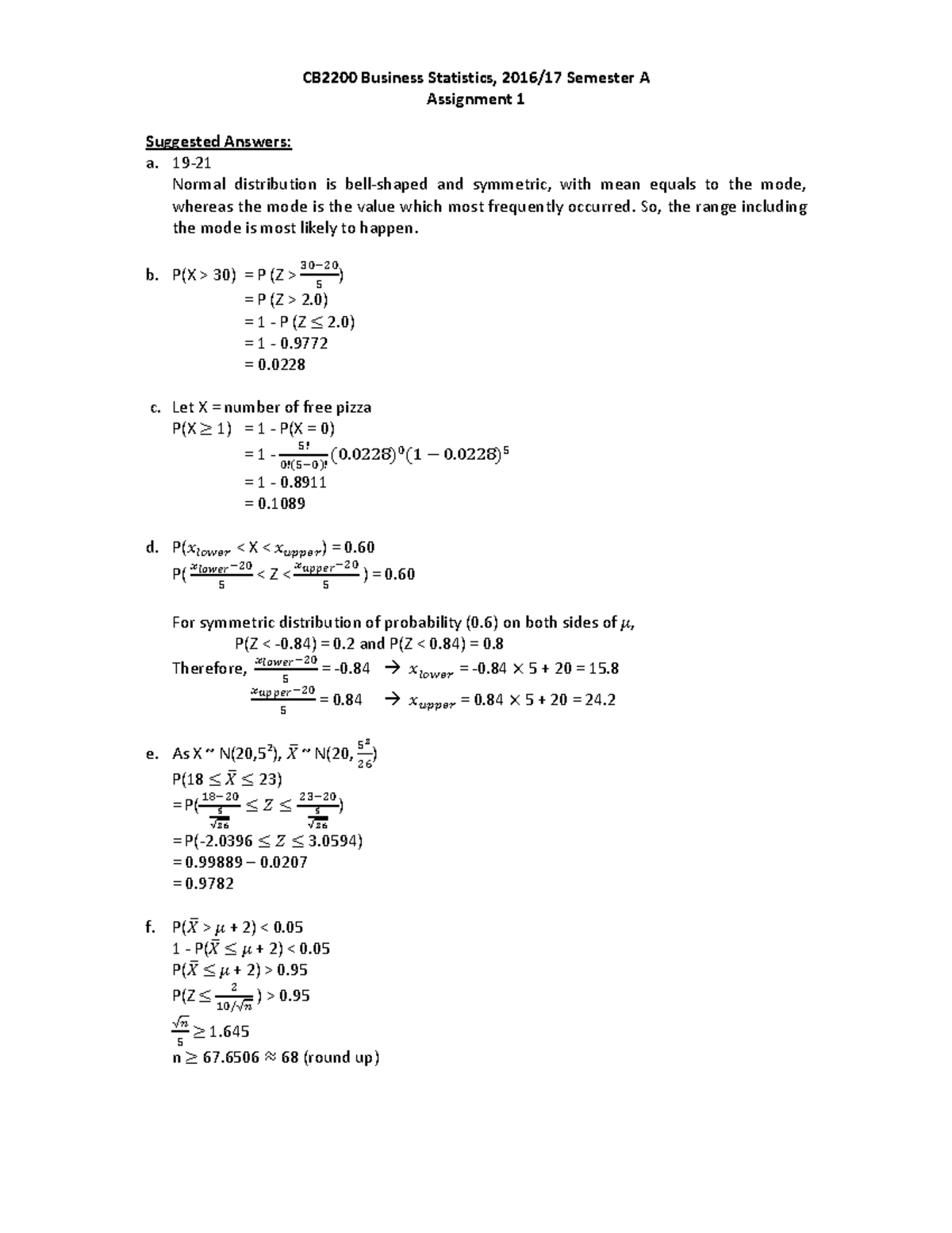 Bus stat 1617 ass 1 - assignment - CB2200 Business Statistics, 2016/17 ...