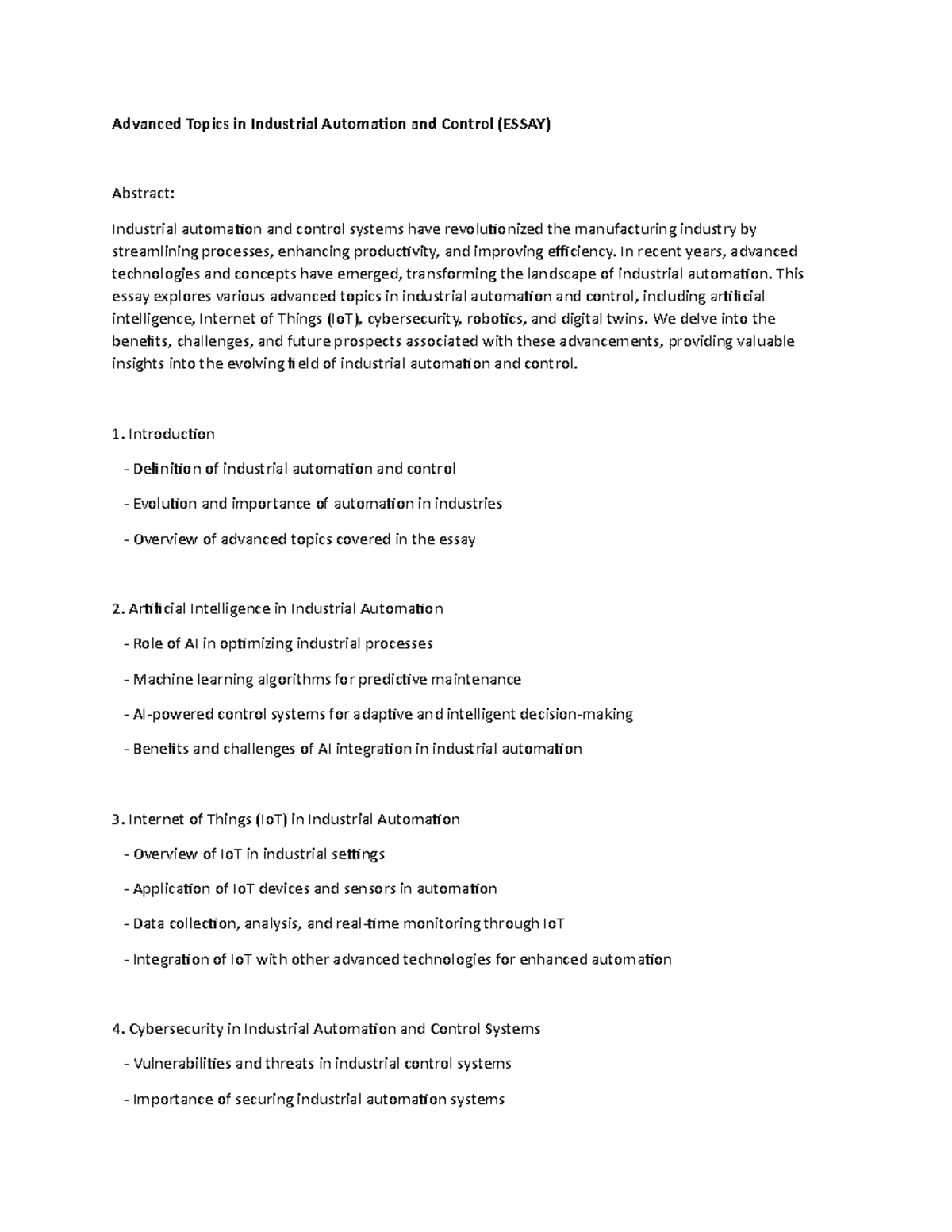 Advanced Topics in Industrial Automation and Control (Essay) - Advanced ...