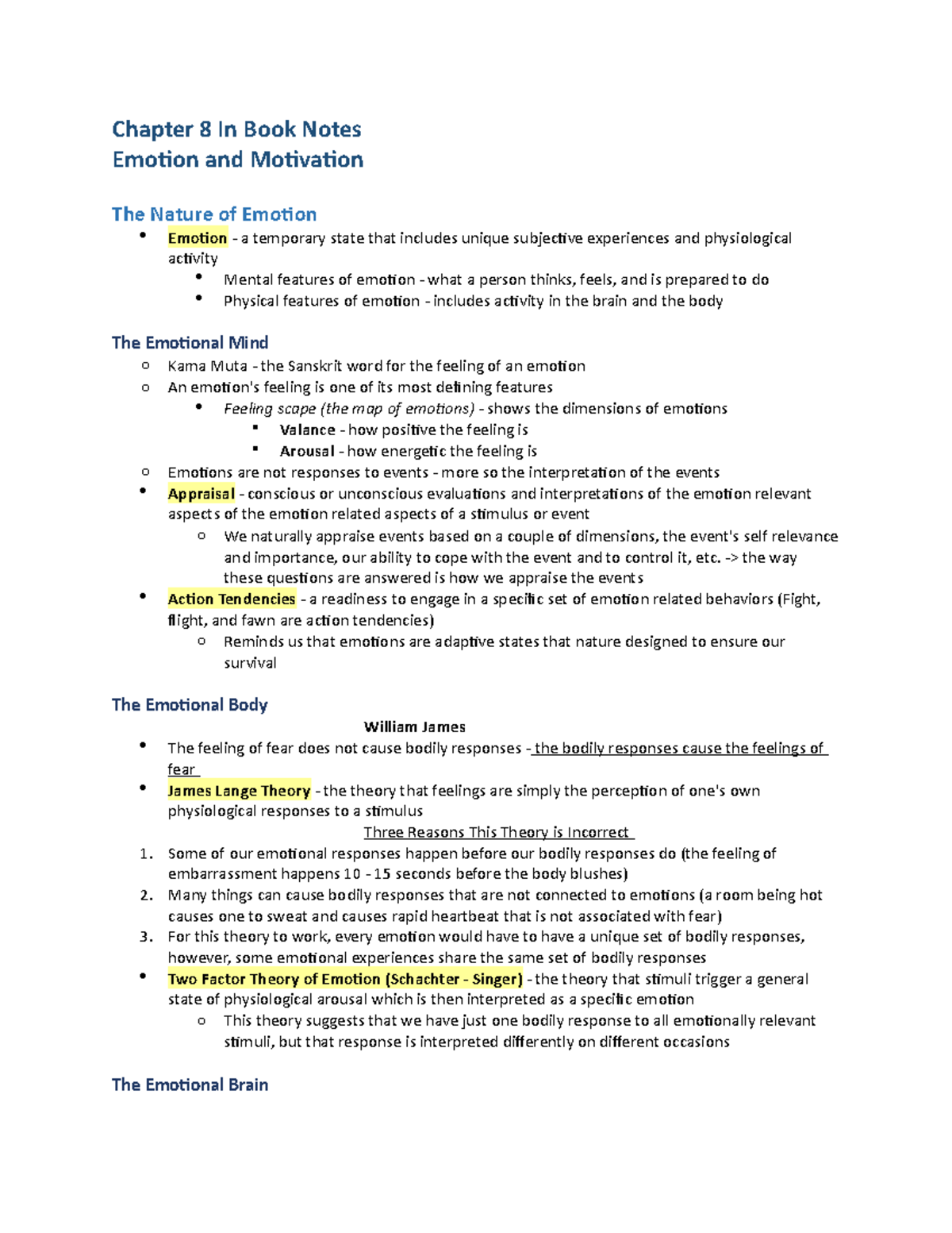 Chapter 8 In Book Notes - Chapter 8 In Book Notes Emotion and ...