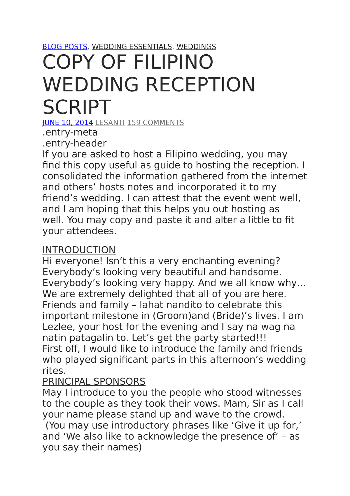 sample emcee script for wedding reception