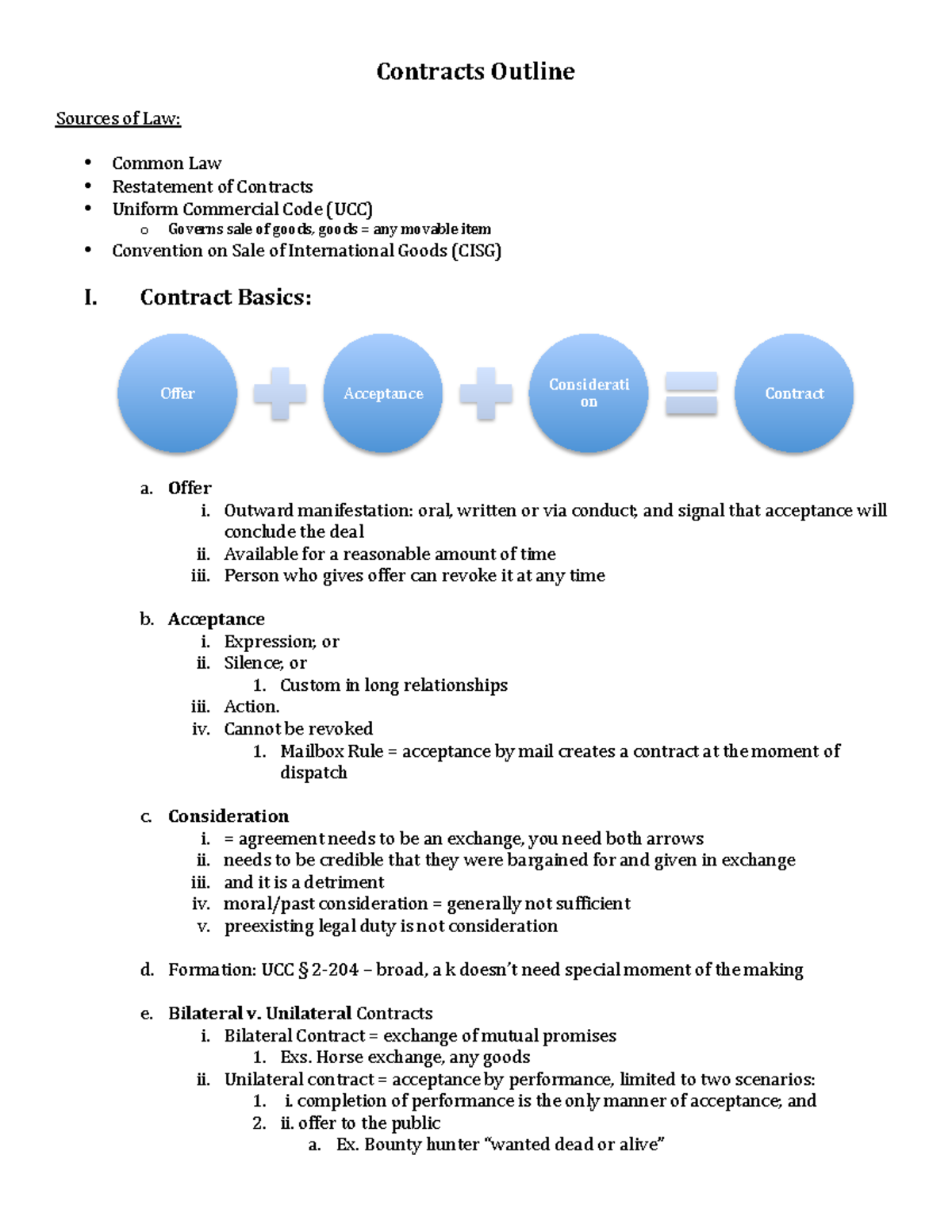 Contracts Outline Woodward - Contracts Outline Sources of Law: Common ...