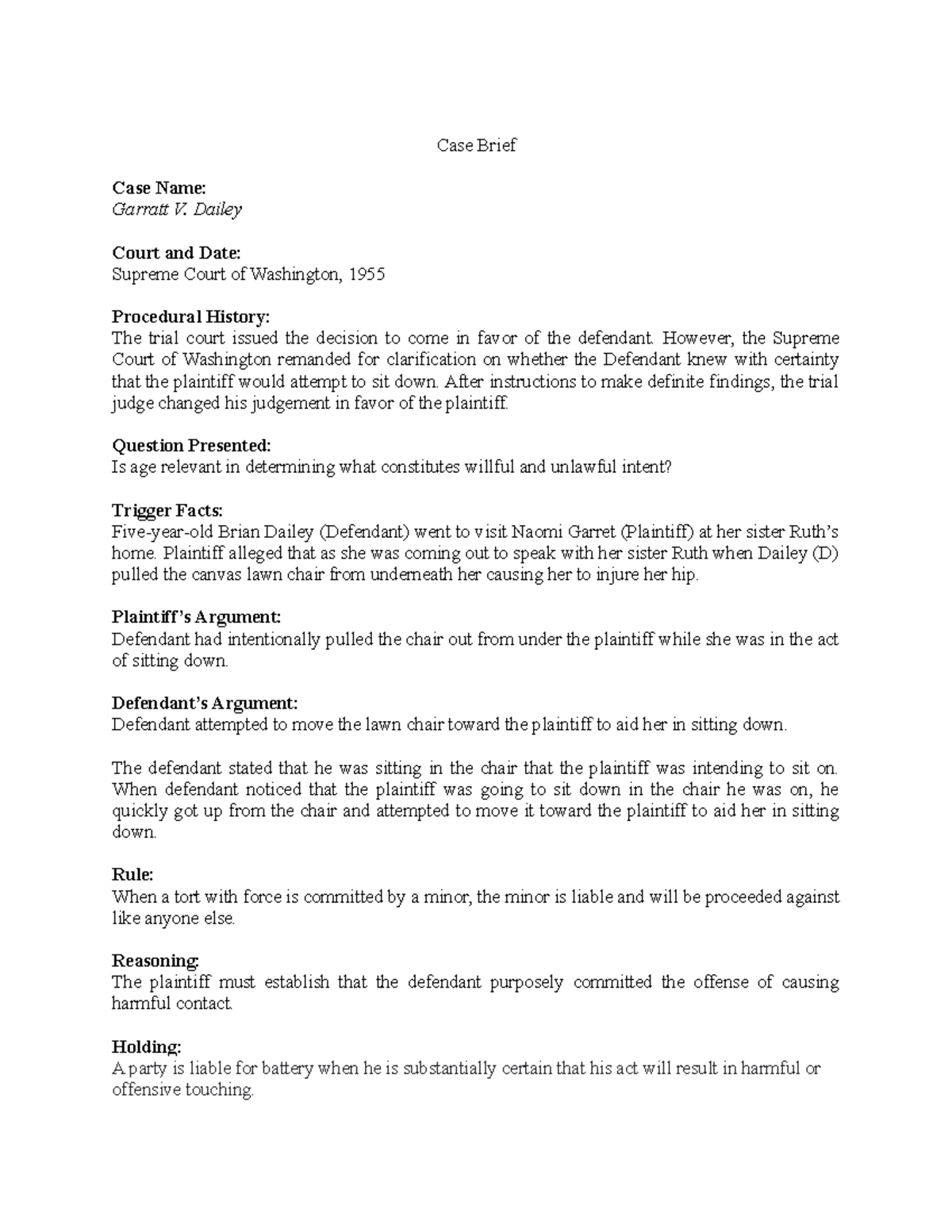 Garratt v. Dailey - Casebrief for Torts - Case Brief Case Name: Garratt ...