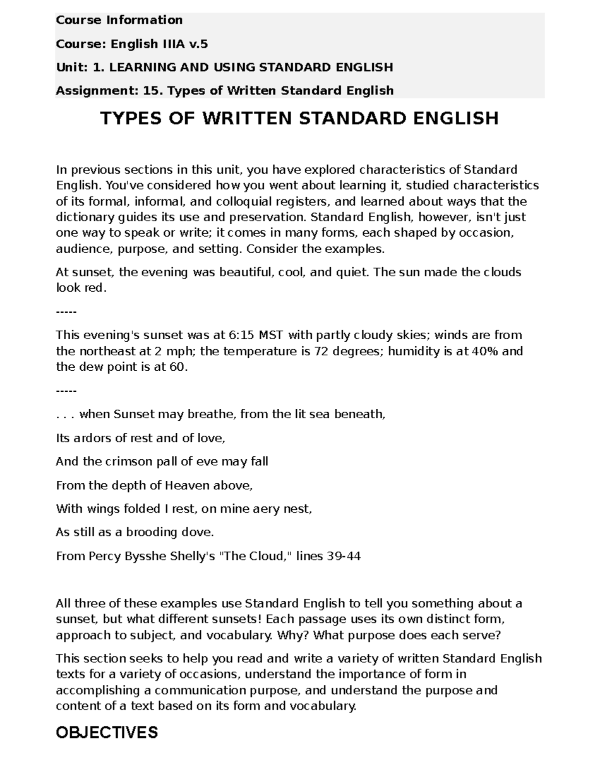 Types of standard English - Course Information Course: English IIIA v ...