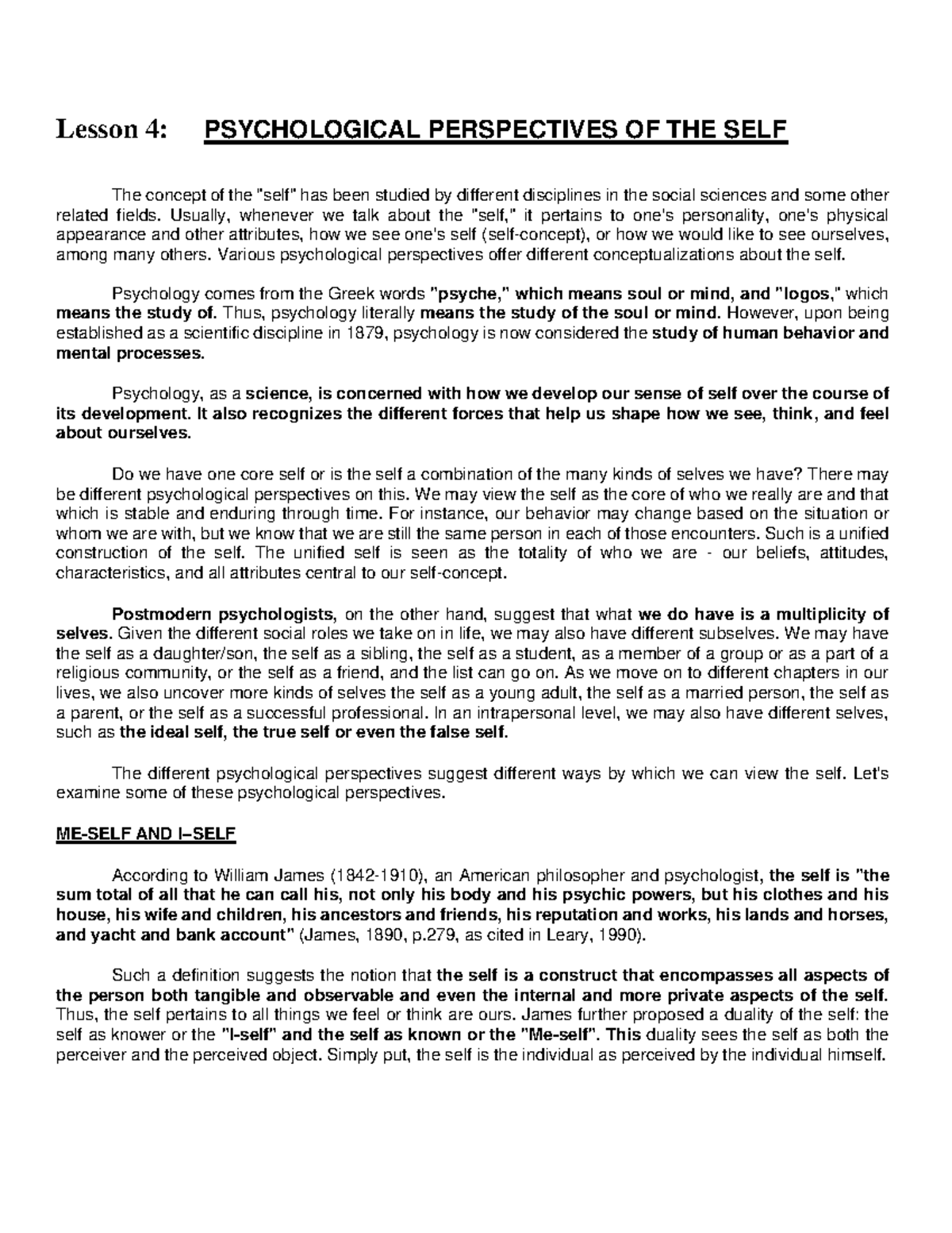 L4 Psychological Perspectives OF THE SELF - Lesson 4: PSYCHOLOGICAL ...