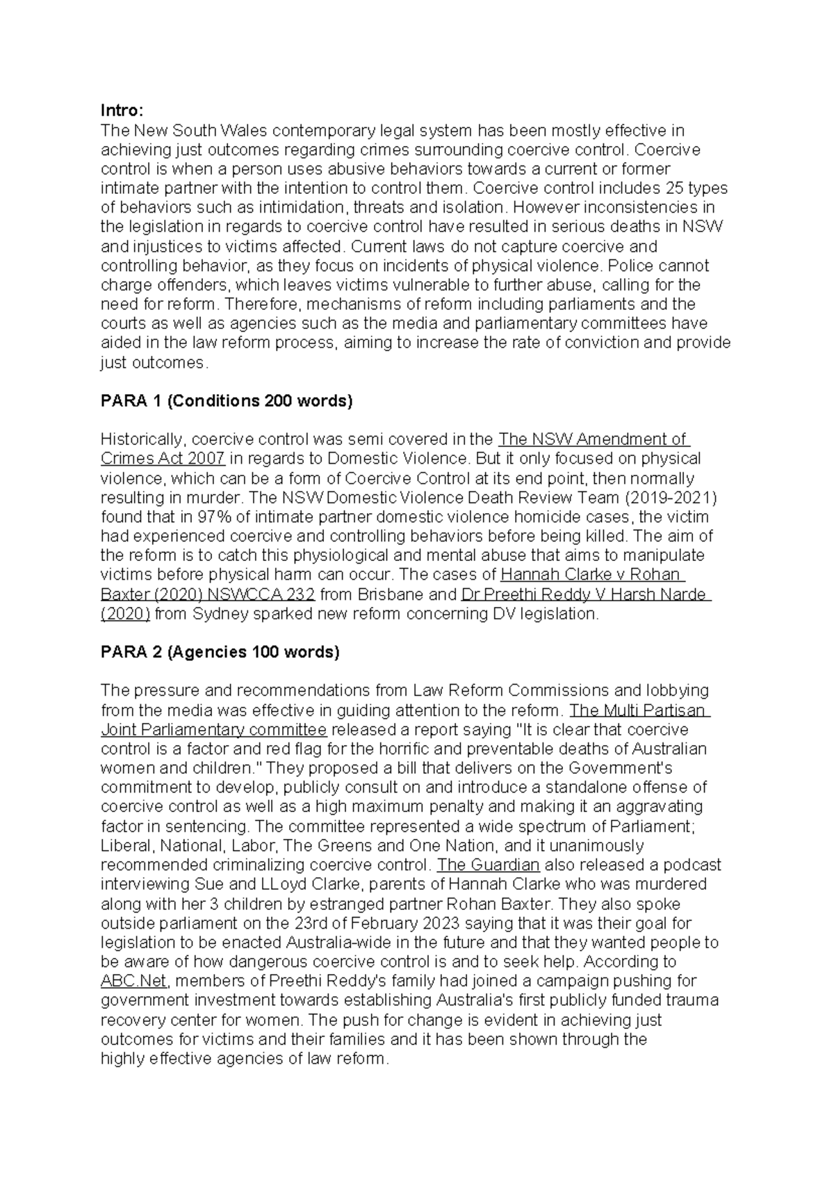 Legal draft - Practice essay - Intro: The New South Wales contemporary ...