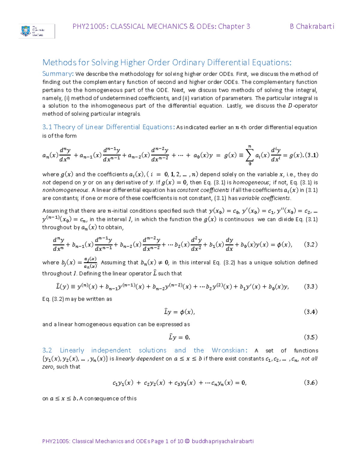 PHY21005 ODE Lecture 3 - Note Summary - PHY21005: CLASSICAL MECHANICS ...