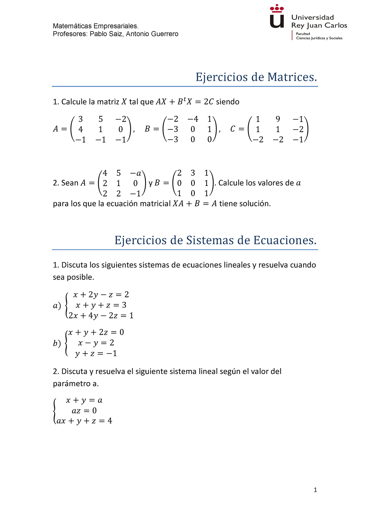 Tema 1. Ejercicios. Espacio Vectorial - Matemáticas Empresariales ...