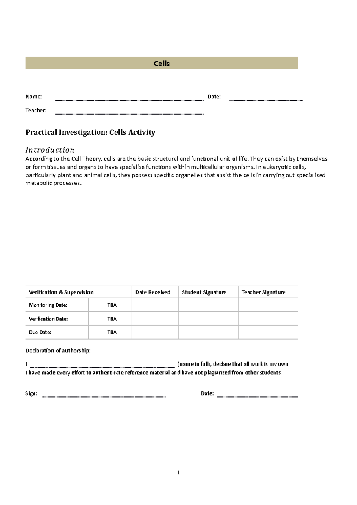 Cells Activity - Cells Name: Date: Teacher: Practical Investigation ...