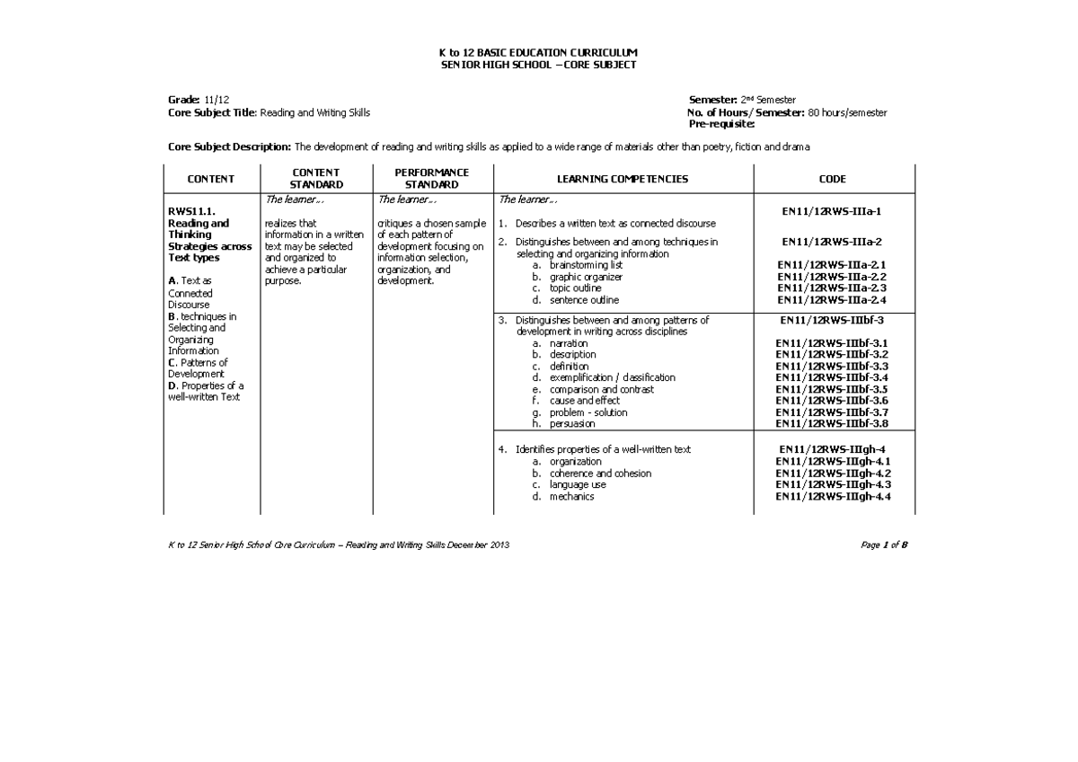 Shscorereadingandwritingcg compress SENIOR HIGH SCHOOL CORE