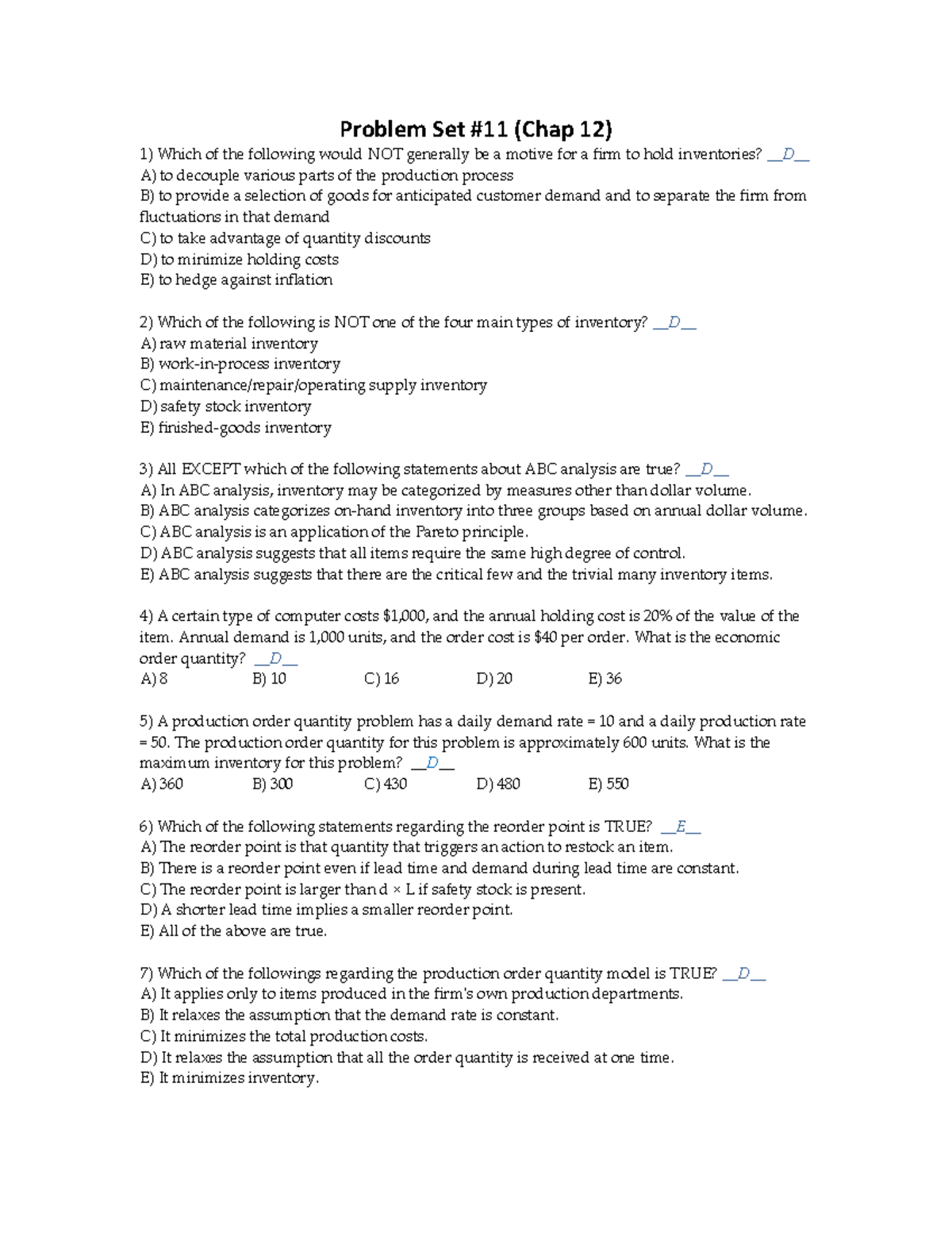 Copy of Problem Set 11 Chap 12 Answers - Problem Set #11 (Chap 12 ...
