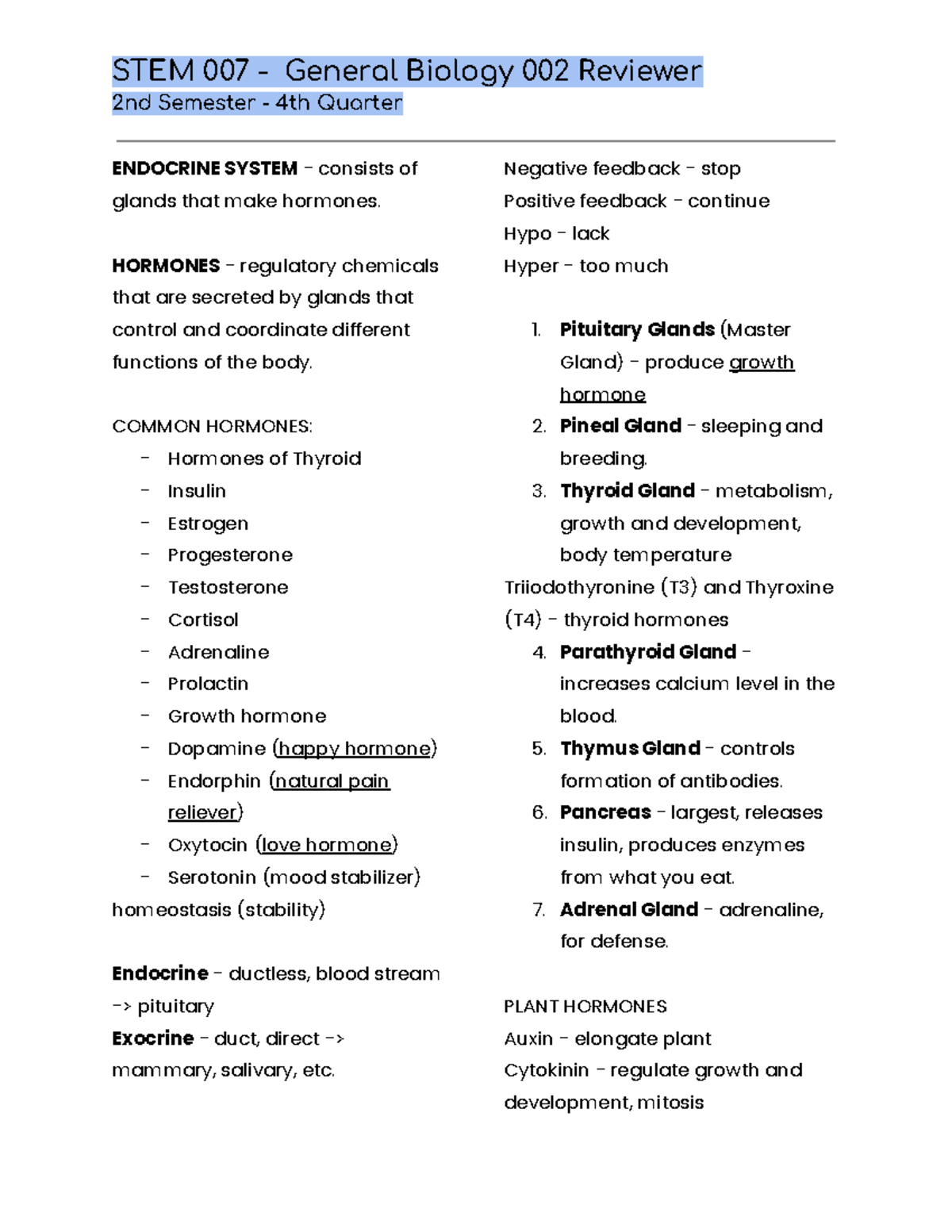 Biology Shs Notes - 2nd Semester - 4th Quarter ENDOCRINE SYSTEM ...