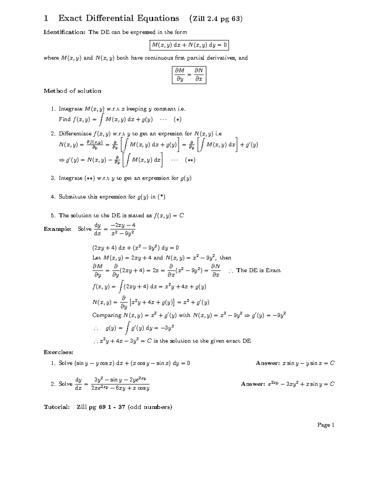 Exact and Applications - 1 Exact Differential Equations (Zill 2 pg 63 ...