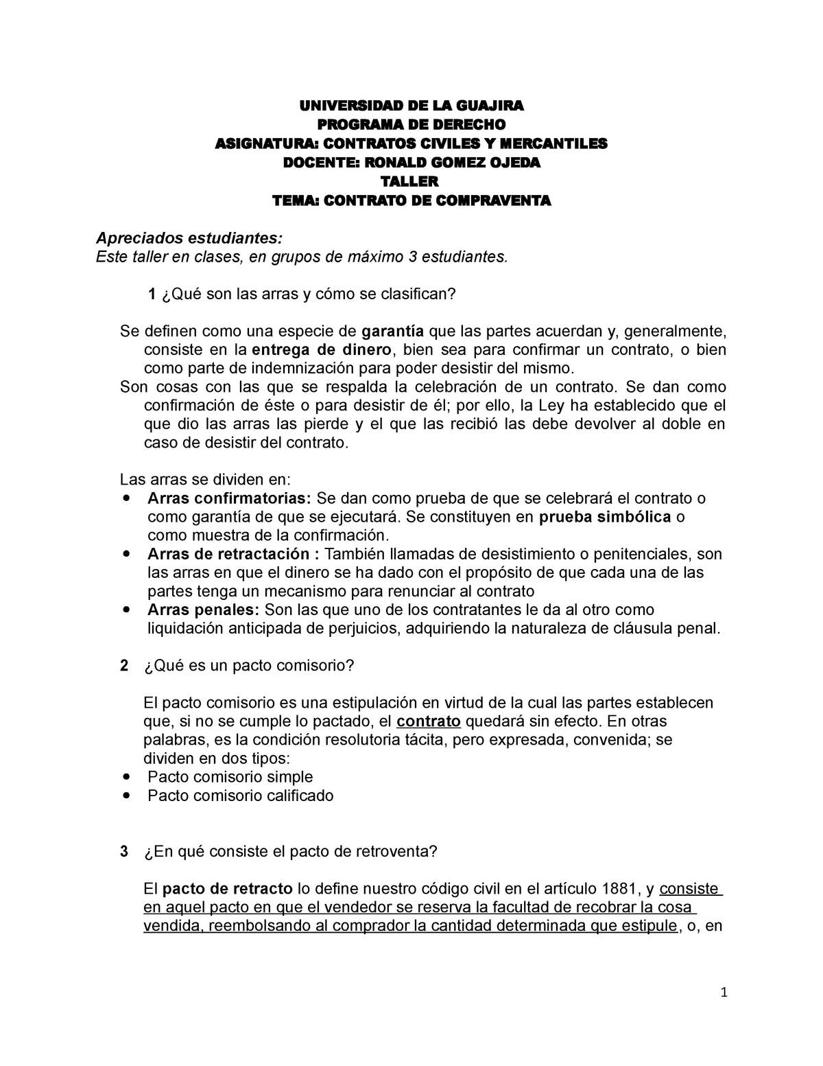 Taller Contrato DE Compraventa 2 - UNIVERSIDAD DE LA GUAJIRA PROGRAMA DE  DERECHO ASIGNATURA: - Studocu