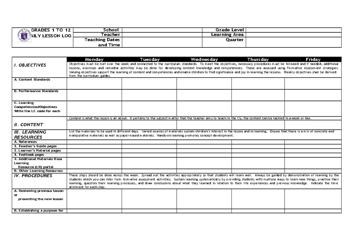 Dll template grades 1 to 12 englishdocx - GRADES 1 TO 12 DAILY LESSON ...