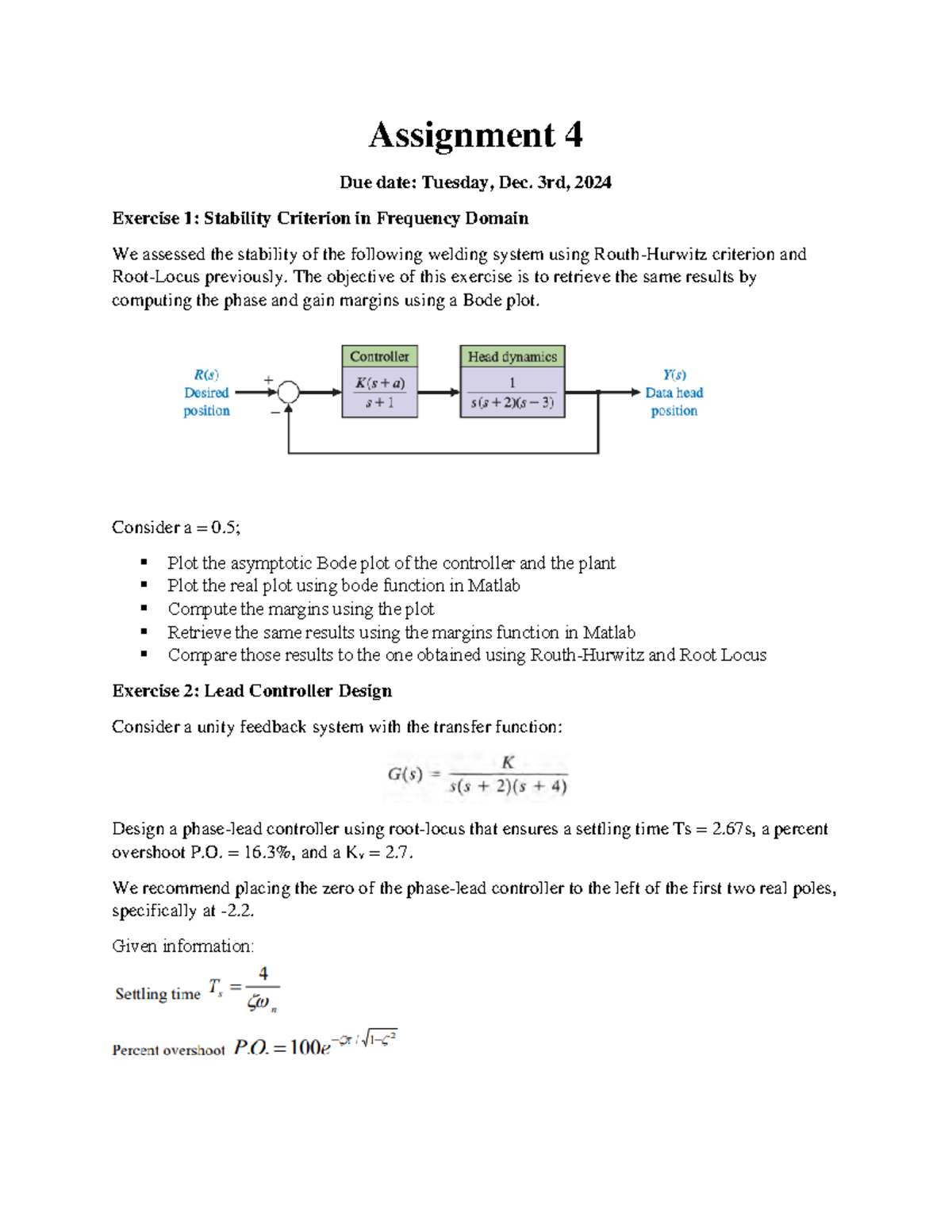 Assignment 4 - Designing controller - Assignment 4 Due date: Tuesday ...