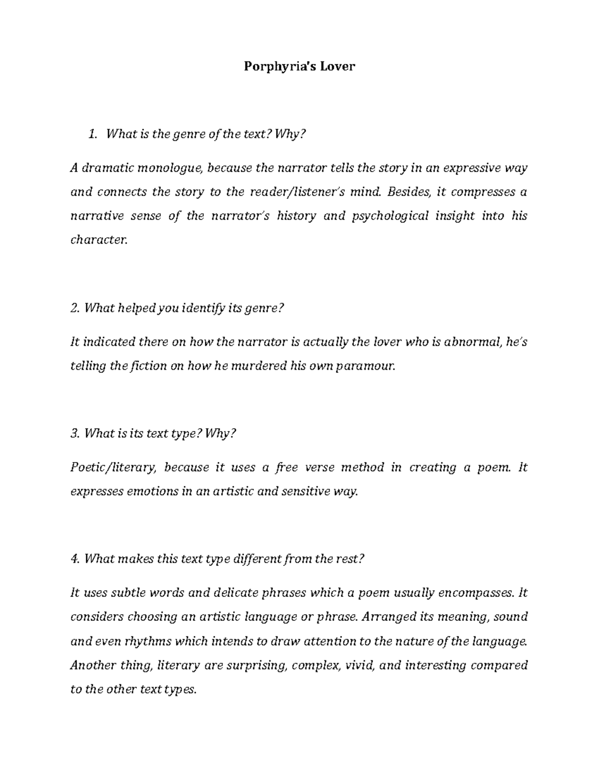 Porphrias Lover Porphyria's Lover What is the genre of the text? Why