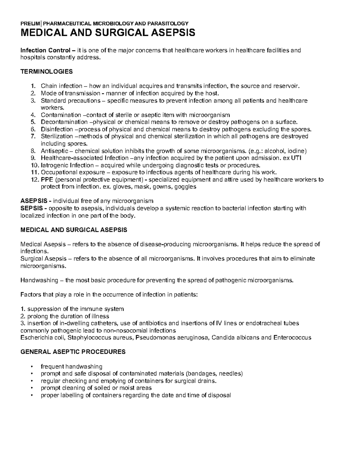 Medical and Surgical Asepsis PRELIM│PHARMACEUTICAL MICROBIOLOGY AND