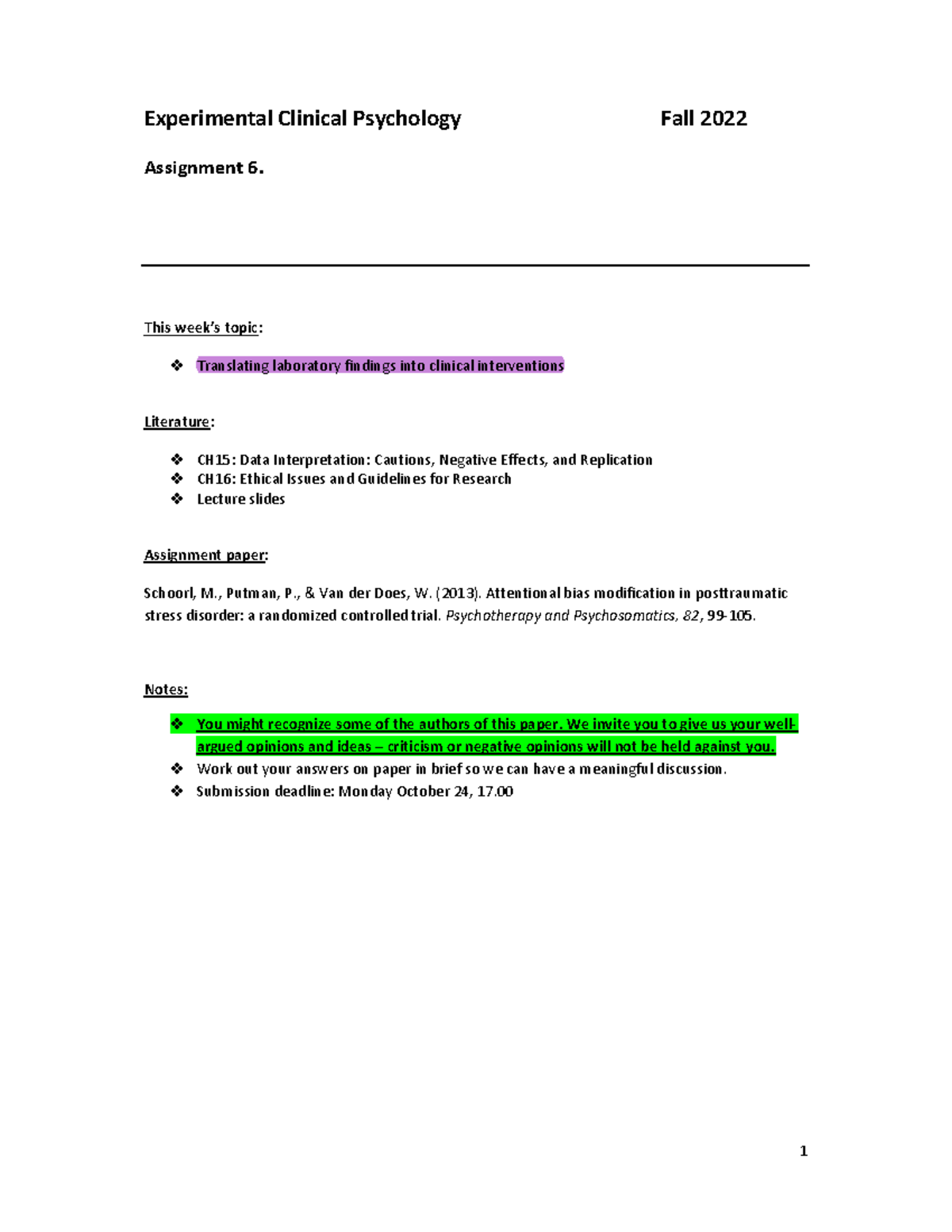 ECP Assignment 6 1 Experimental Clinical Psychology Fall 2022