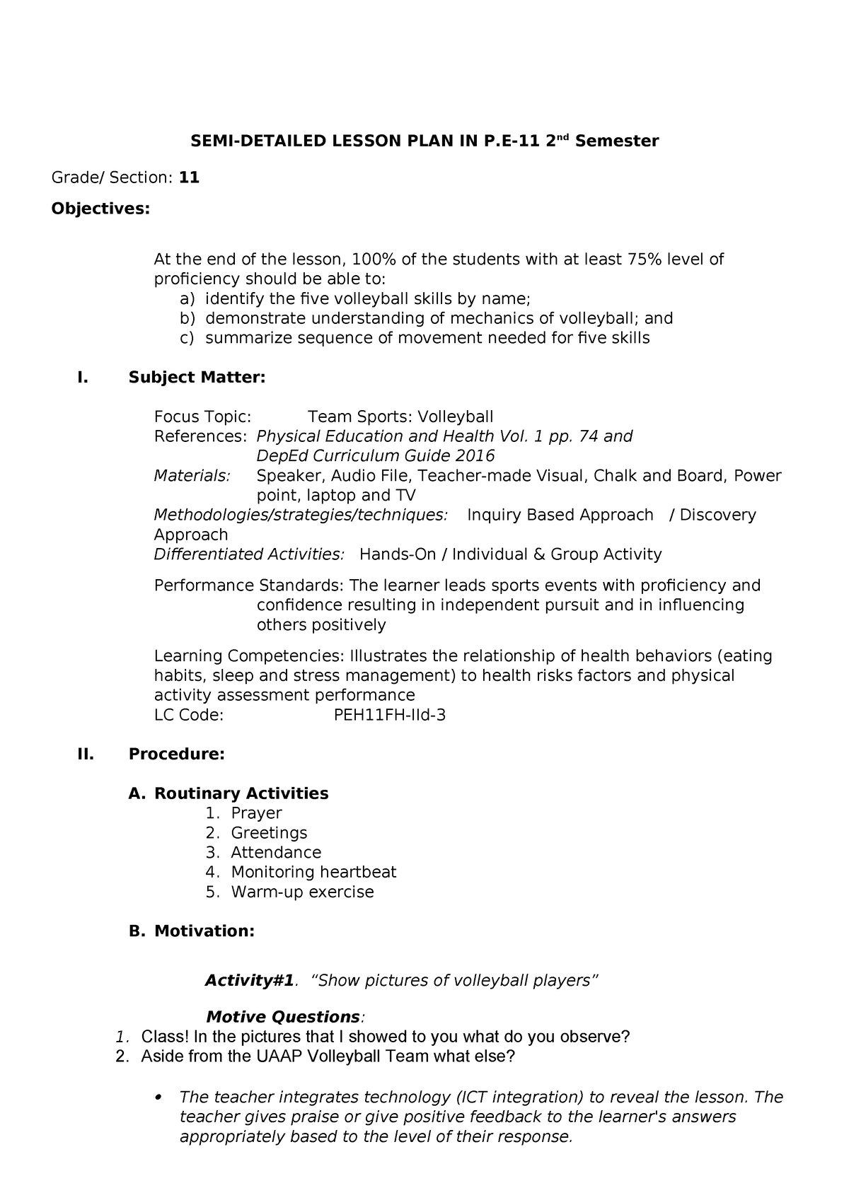 Volleyball Lesson Plan - SEMI-DETAILED LESSON PLAN IN P-11 2nd Semester ...