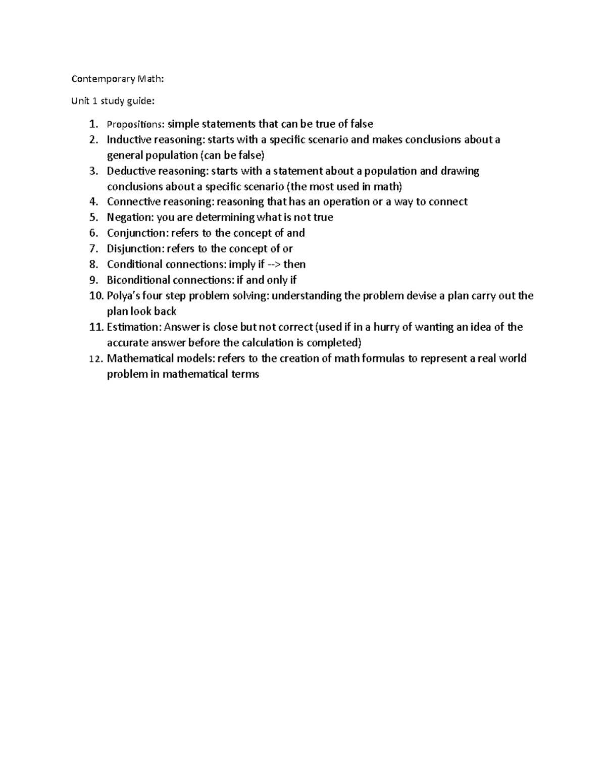 Contemporary Math Unit 1 Study Guide Contemporary Math Unit 1 Study