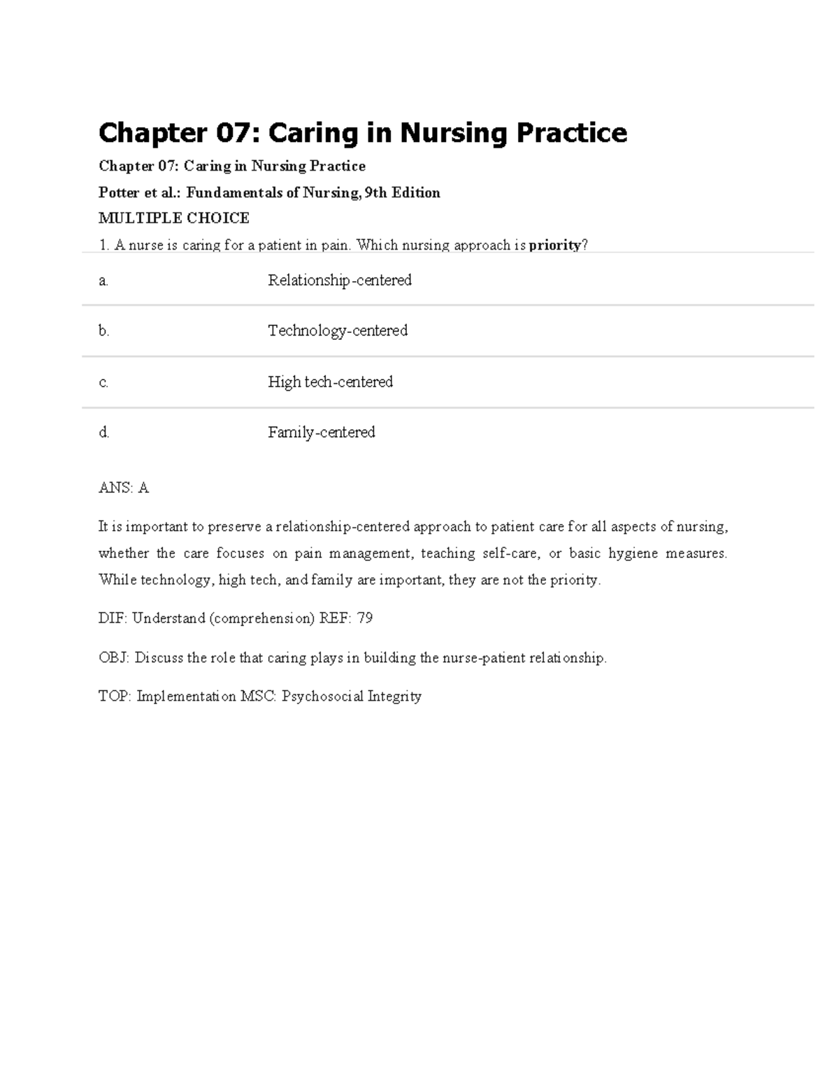 Chapter 07 Caring in Nursing Practice - Chapter 07: Caring in Nursing ...