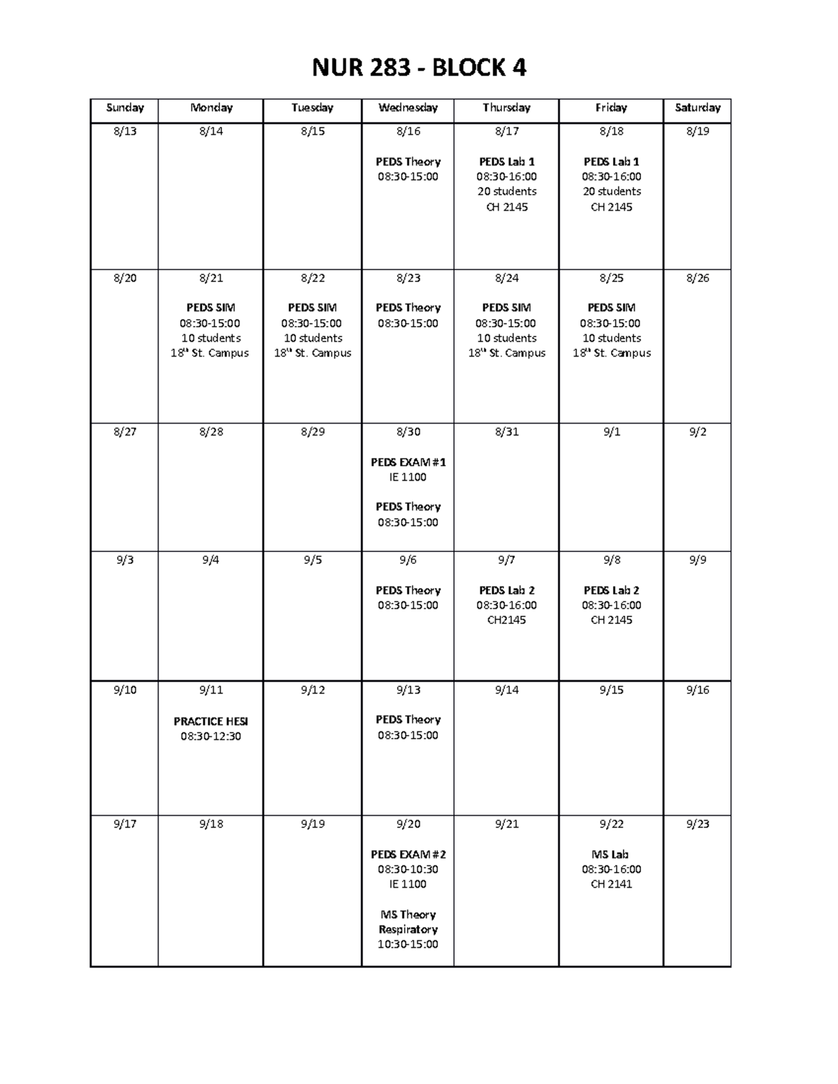 NUR 283 - Block 4 Calendar - NUR 283 - BLOCK 4 Sunday Monday Tuesday ...