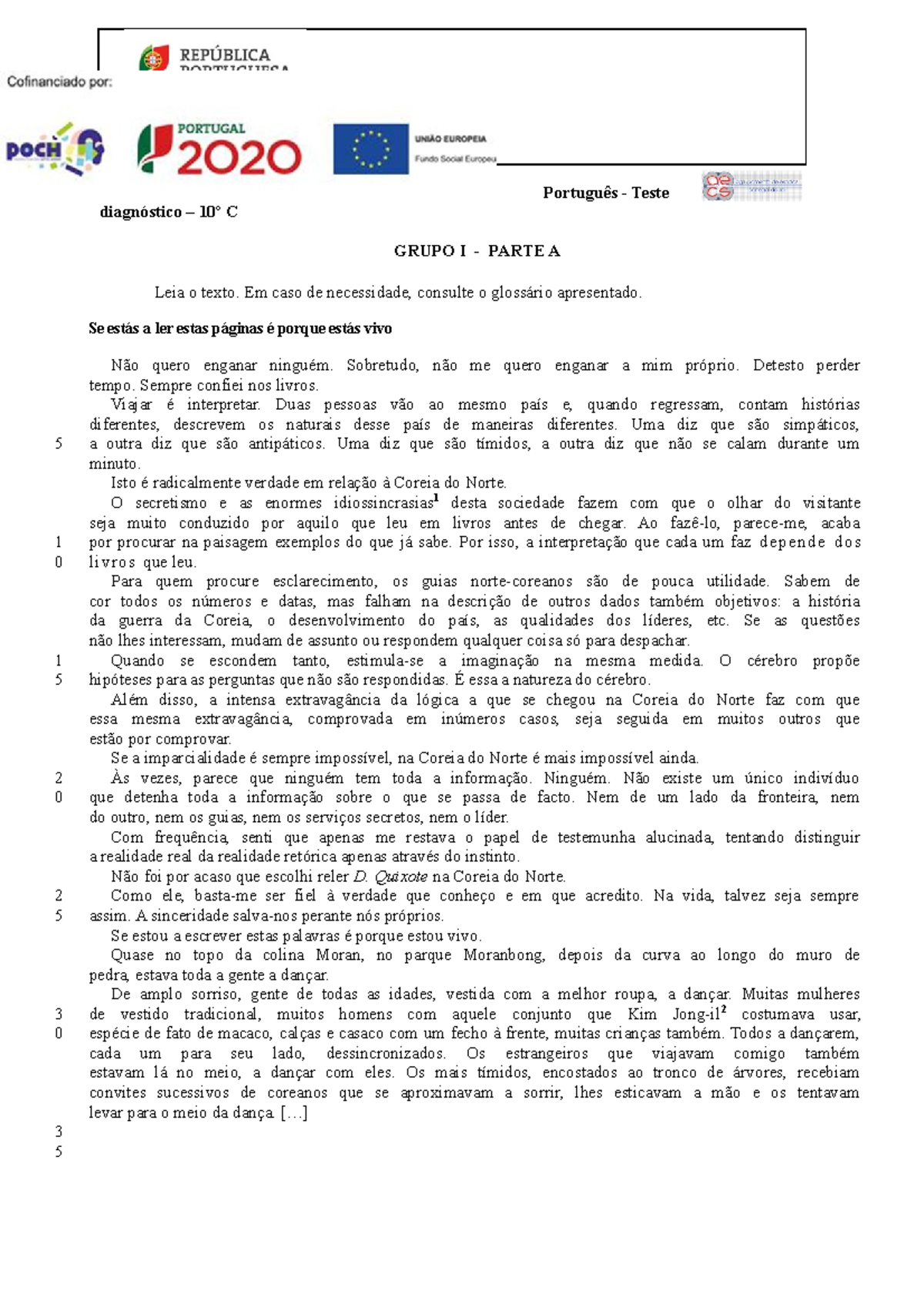 Teste diagnóstico 10 - Português - Teste diagnóstico – 10º C GRUPO I ...