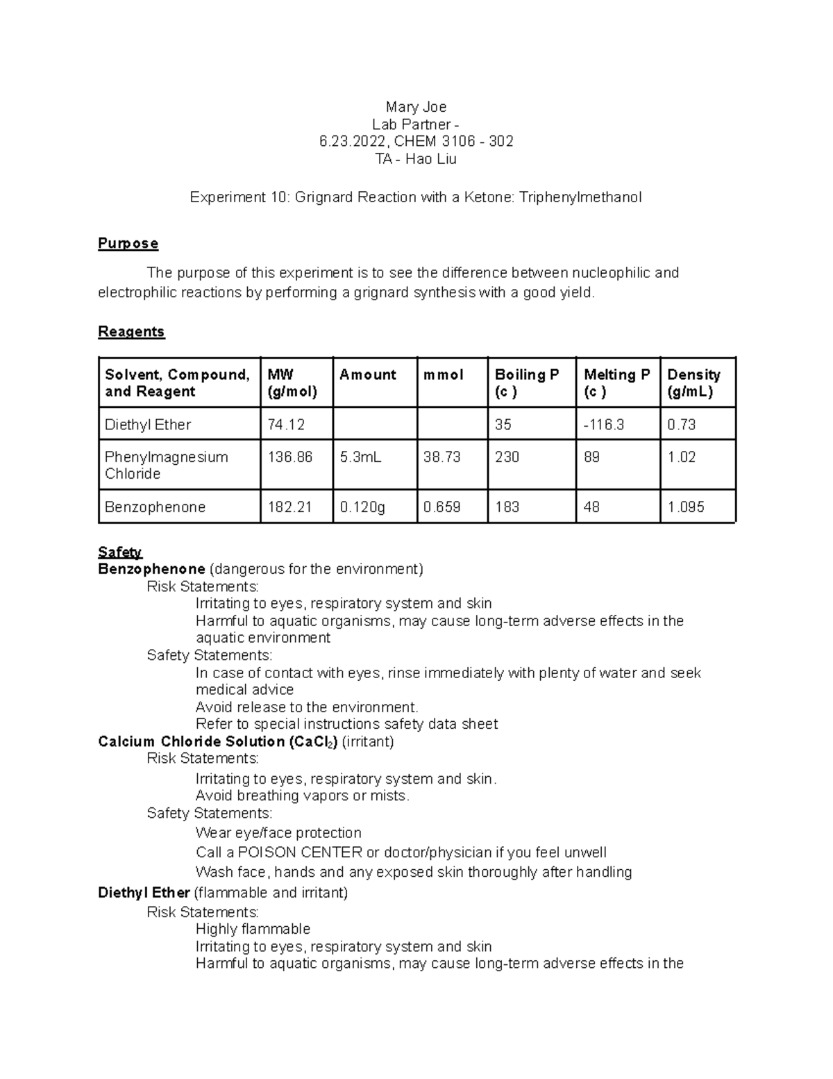 Experiment 10 Chem 3106 Mary Joe Lab Partner 6 23 Chem 3106 302 Ta Hao Liu Experiment Experiment 10 Chem 3106 Mary Joe Lab Partner 6 23 Chem 3106 302 Ta Hao Liu Experiment
