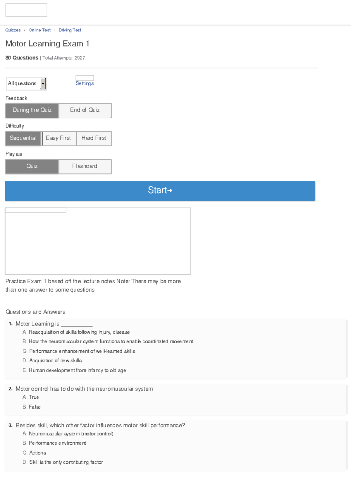 Motor Learning Exam 1 Pro Profs Quiz Quizzes Online Test Driving