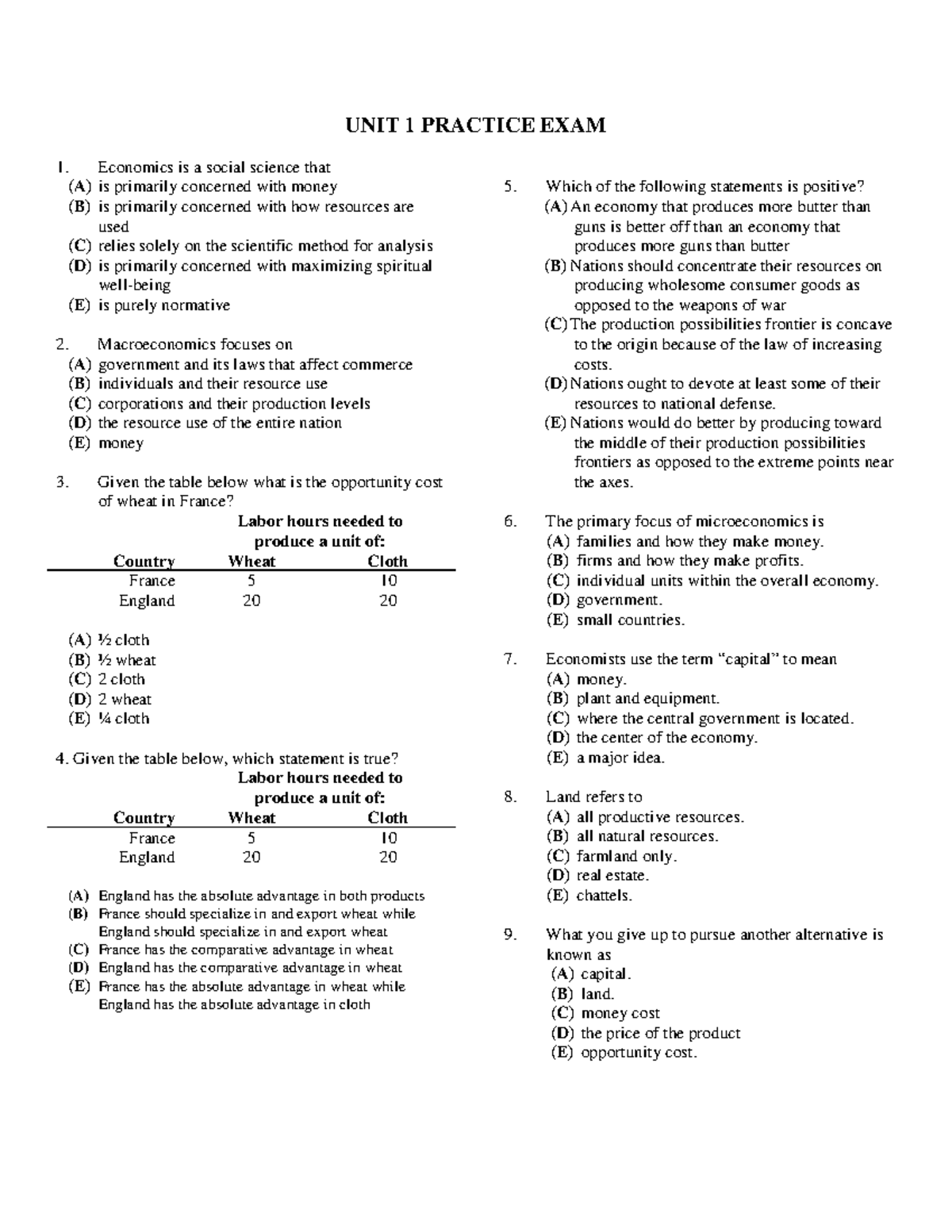 Unit 1 Practice Questions Unit 1 Practice Exam Economics Is A Social