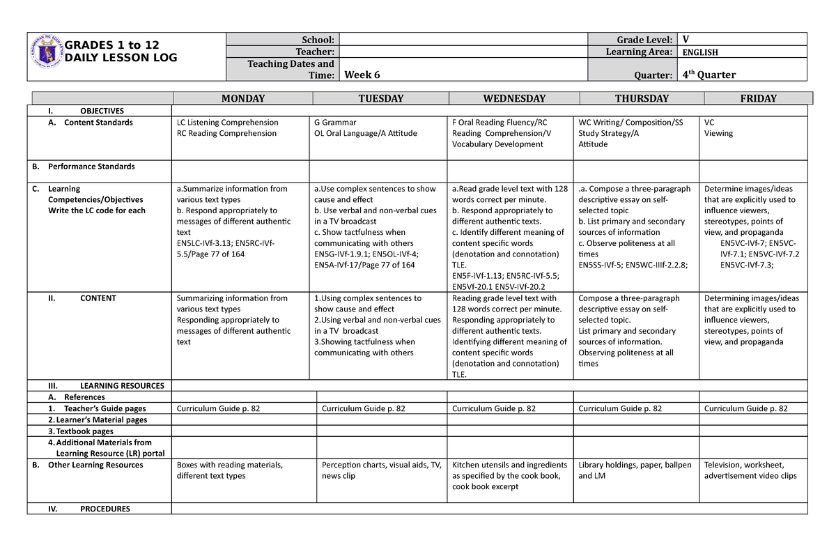 Grade 5 DLL English 5 Q4 Week 6 - Information Communication Technology ...