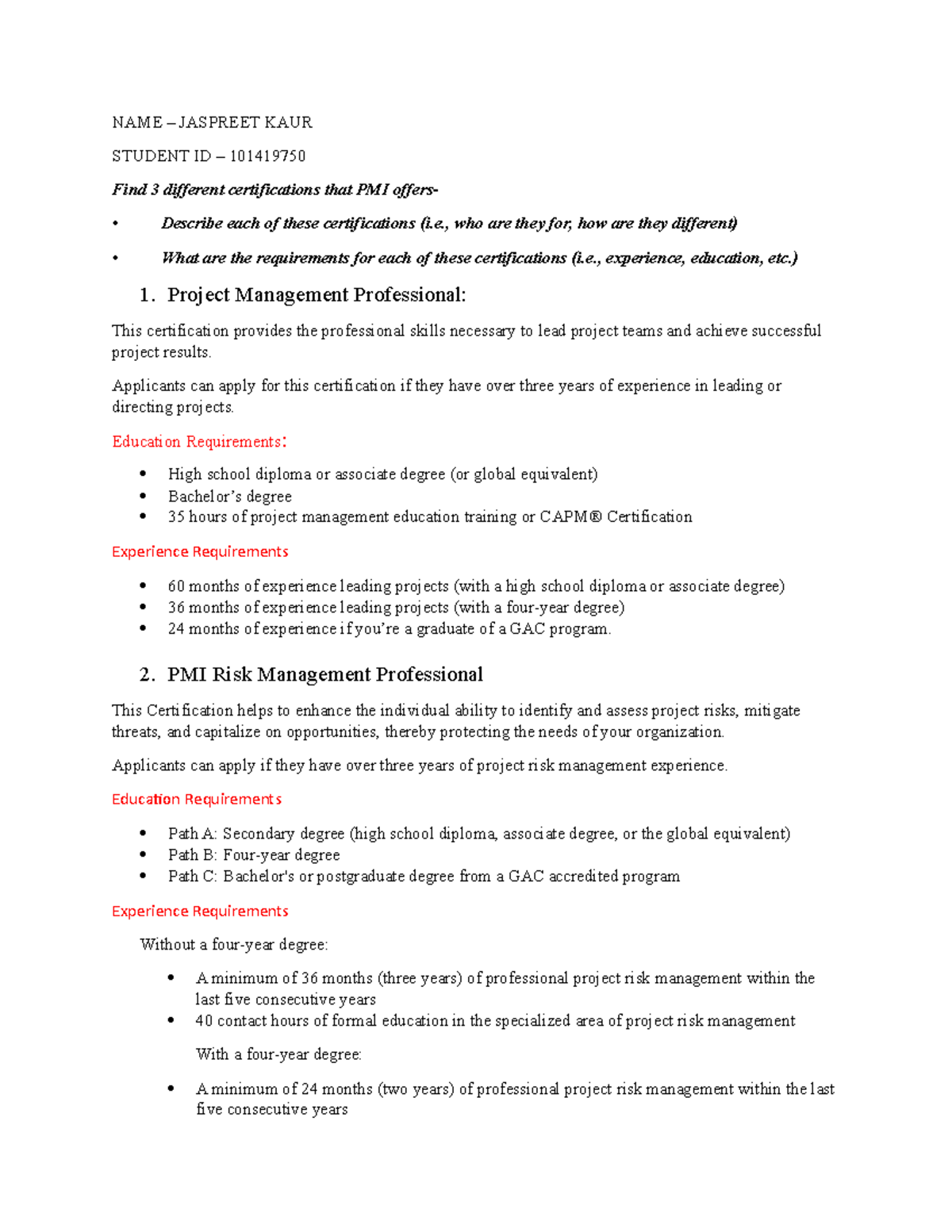 Project Management Course - Edward - NAME – JASPREET KAUR STUDENT ID ...